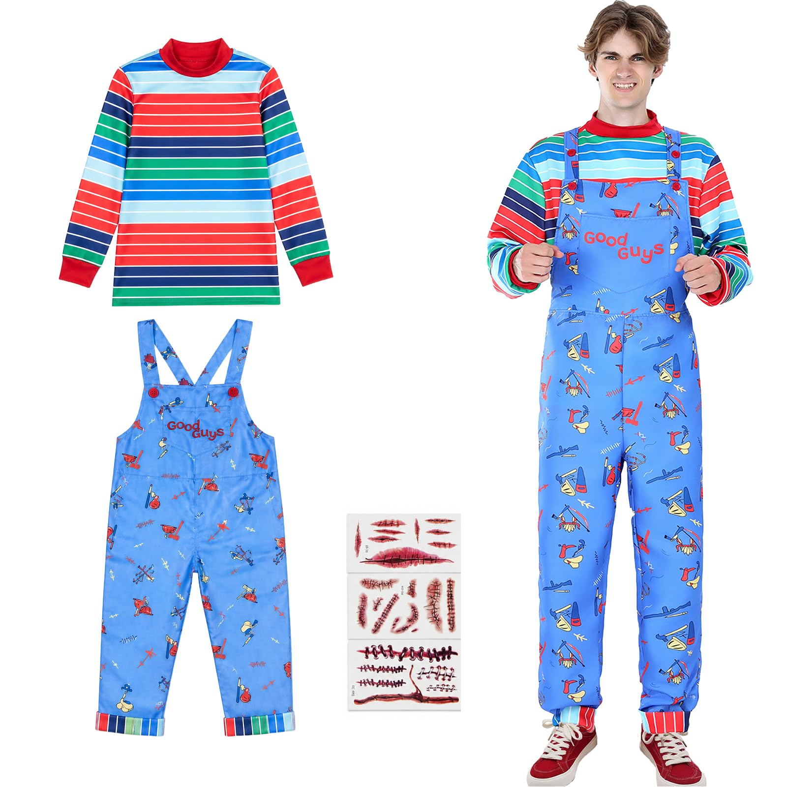 Halloween Chucky Costume men,Good Guys killer Doll Ghost Cosplay Adult