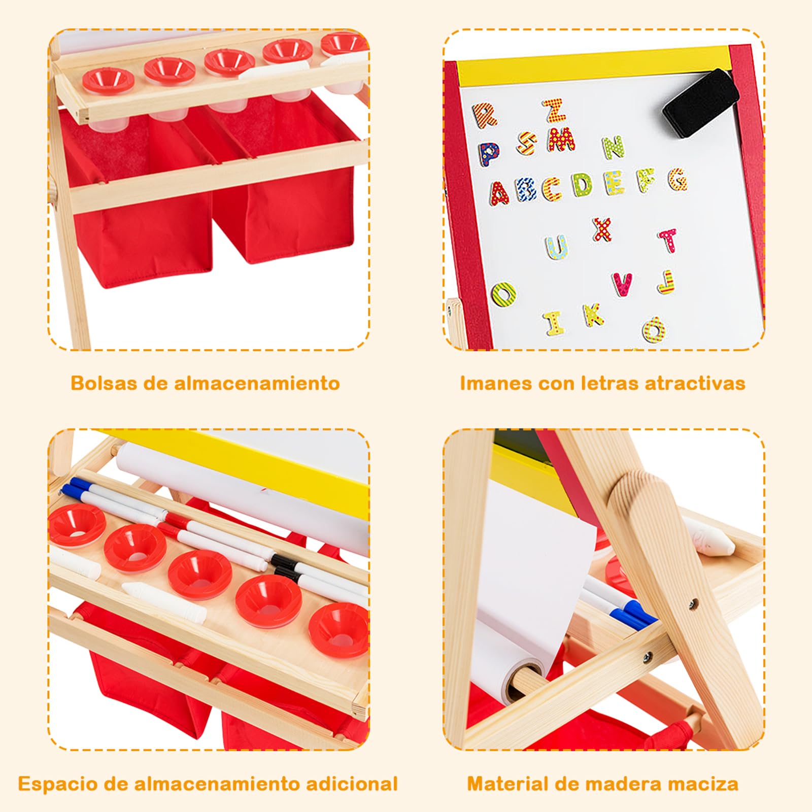 COSTWAY Caballete para Niños 3 en 1 Tablero de Doble Cara Pizarra de Pie de Madera con Accesorios para Juego Dibujo Infantil (Modelo 2)