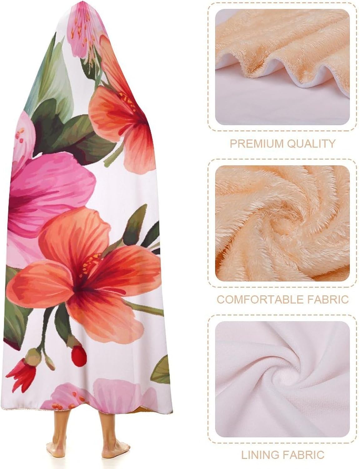 Hawaiian Flower Print1 Wearable Hooded Blanket, Ultra Soft Arctic Velvet Cape Cloak Unisex - Cozy Wearable Blanket