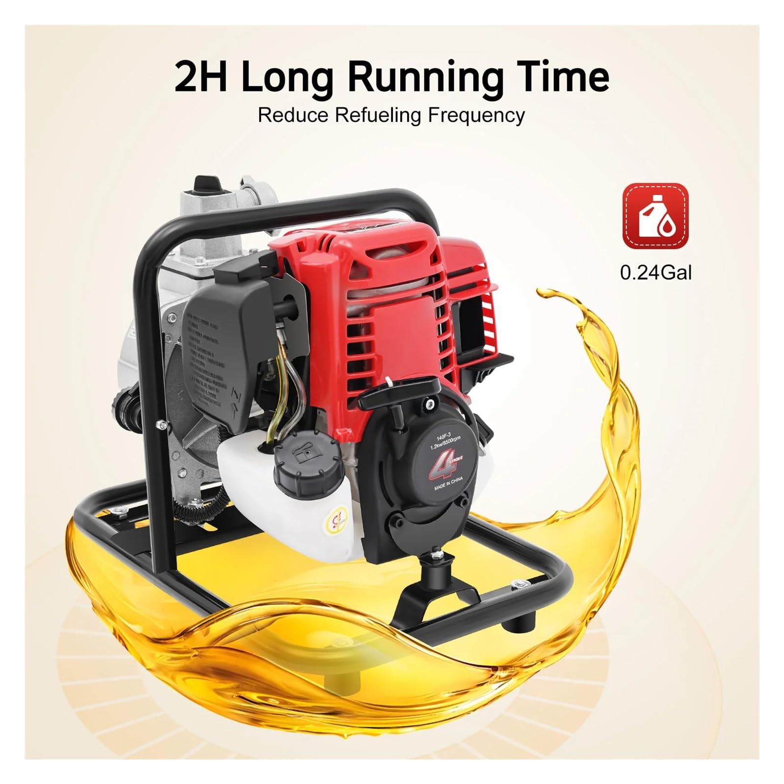 Bomba De Agua con Motor Gasolina 1200 W, 4 Tiempos, 38 CC, 8500 RPM, For Riego Agrícola Rendimiento Potente