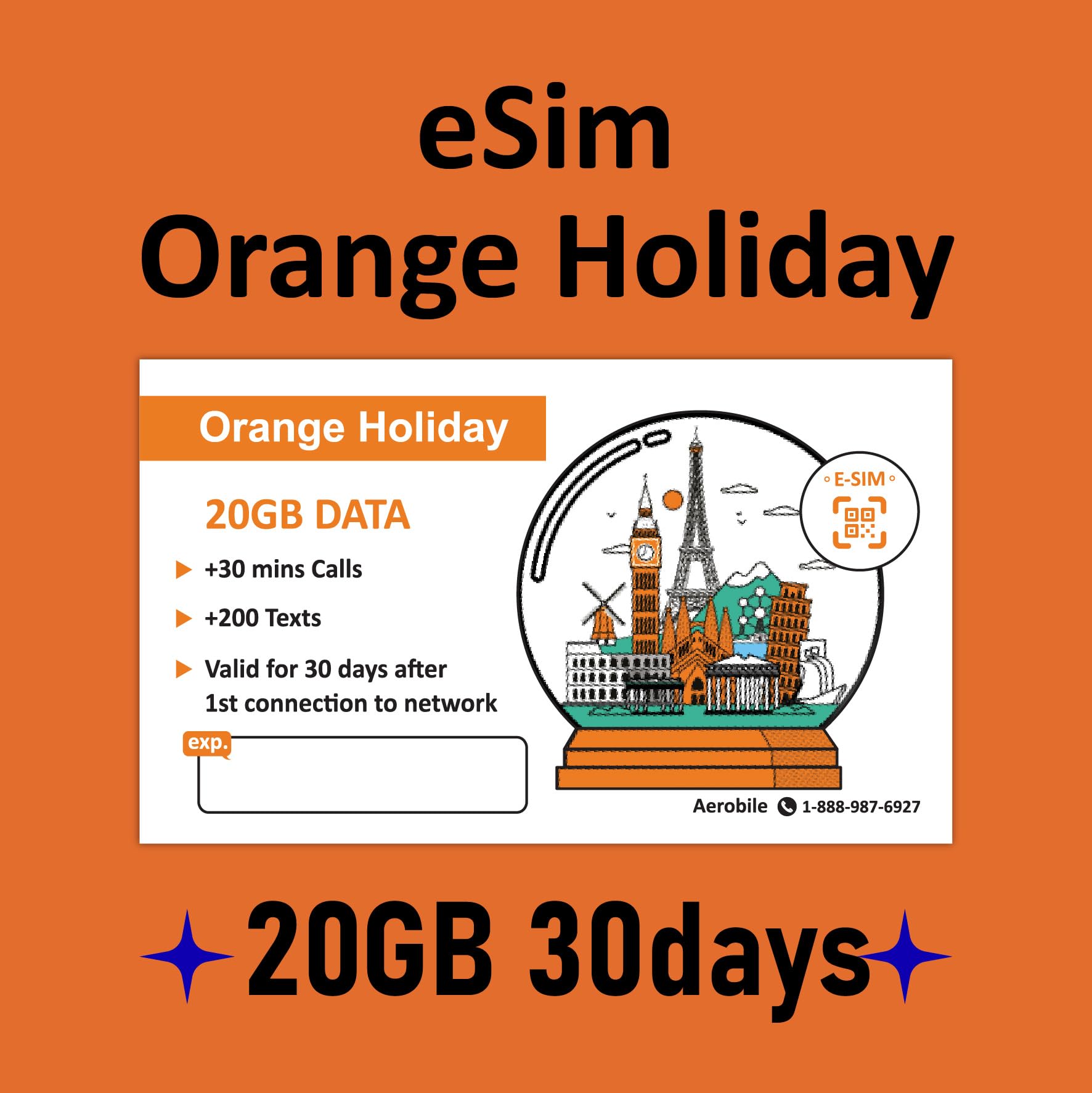 Orange Holiday Europe Prepaid eSIM 20GB Internet Data | 30 Days-Use | Data tethering Allowed | 30min & 200 SMS from Europe to Any Country Worldwide