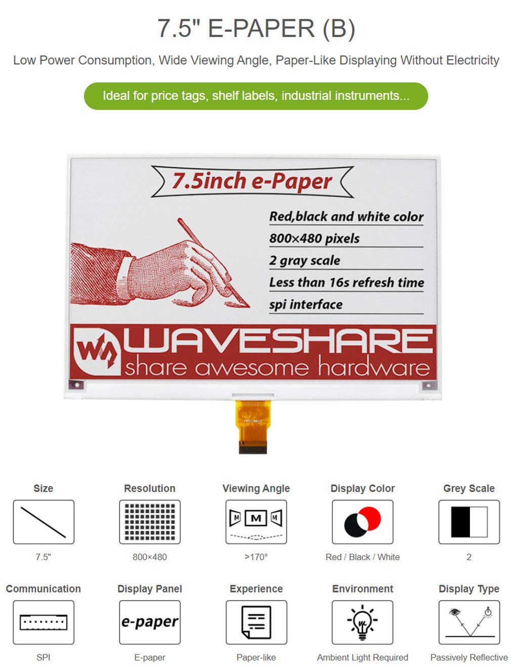 Tri-color 7.5inch E-ink Raw Display Panel 800×480 E-paper Electronic Screen Red / Black / White Three-Color for Raspberry Pi/Jetson Nano without PCB