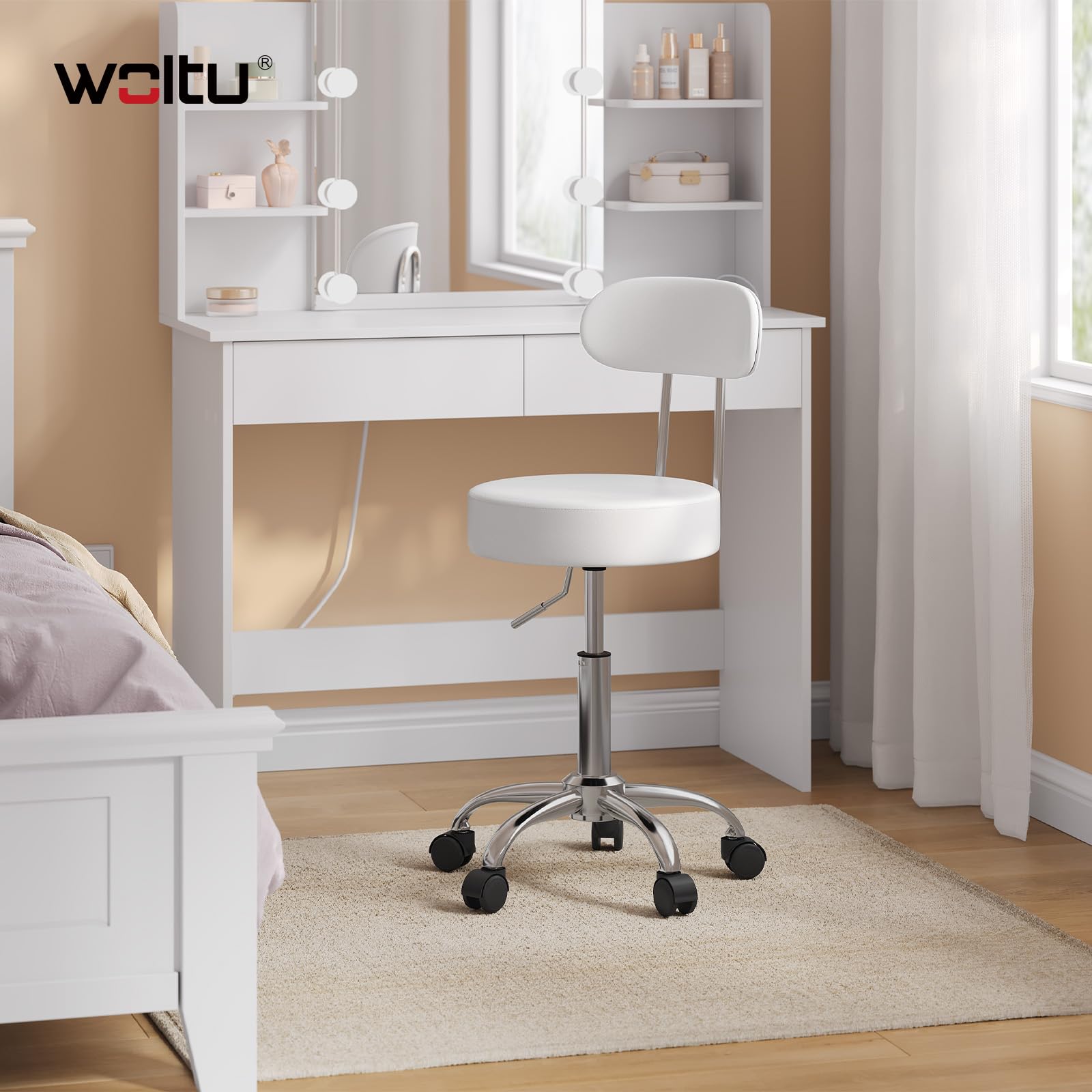 WOLTU Sedie Ufficio Sedia da Scrivania Sgabello con Schienale 47-59cm PU Cromato Girevole Moderno, per Ufficio, Salone, Massaggio, Toeletta Trucco, Bianco