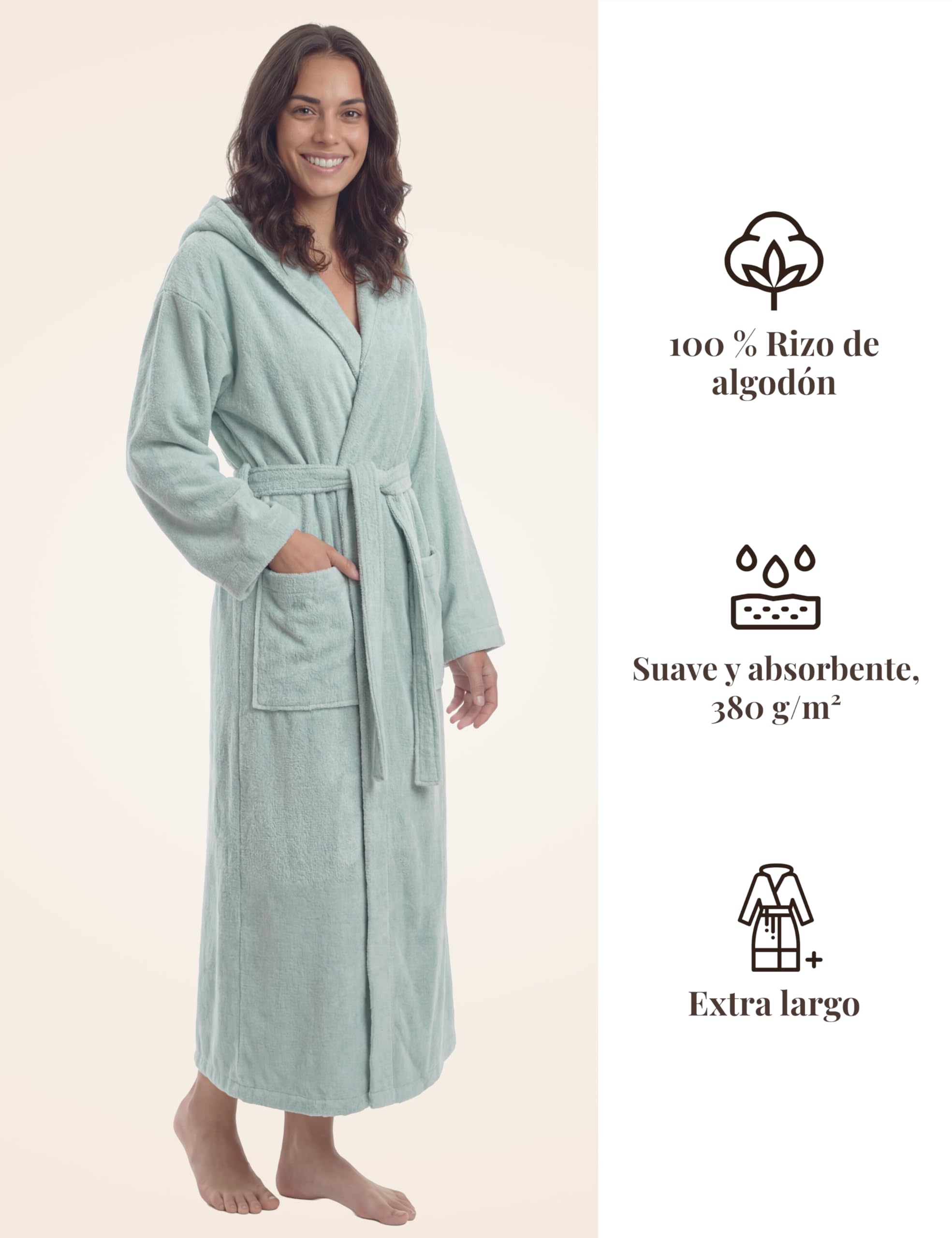 Albornoz Mujer Extra Largo con Capucha – 100% Algodón Rizo 380 g/m² – Bata de Baño Sauna y Spa, Hasta los Tobillos, Suave, Absorbente, Tallas S–XXL