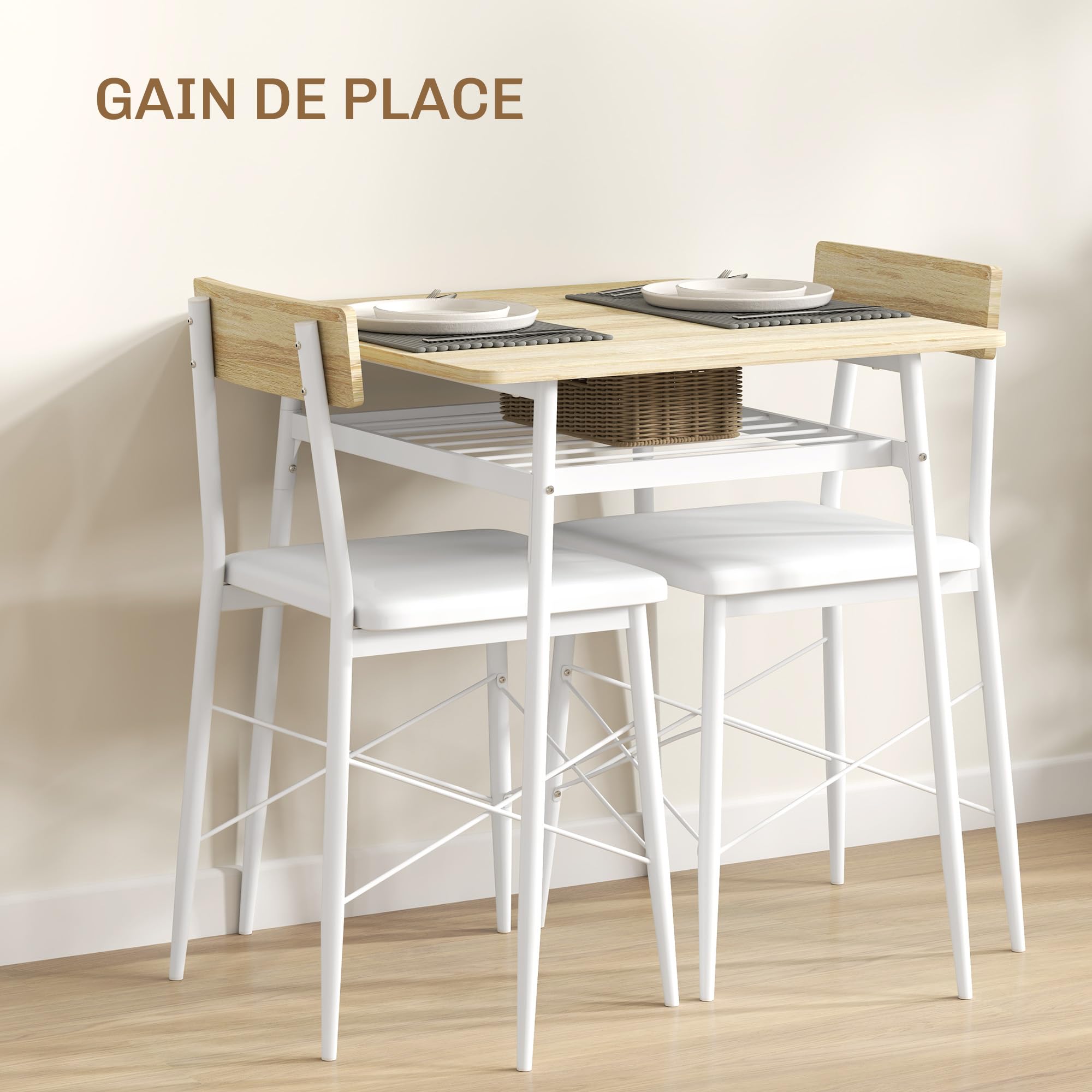 HOMCOM Ensemble Table et chaises, Table de Cuisine avec 2 chaises encastrables, Structure en Acier, pour Cuisine Salon Maison, Blanc et chêne