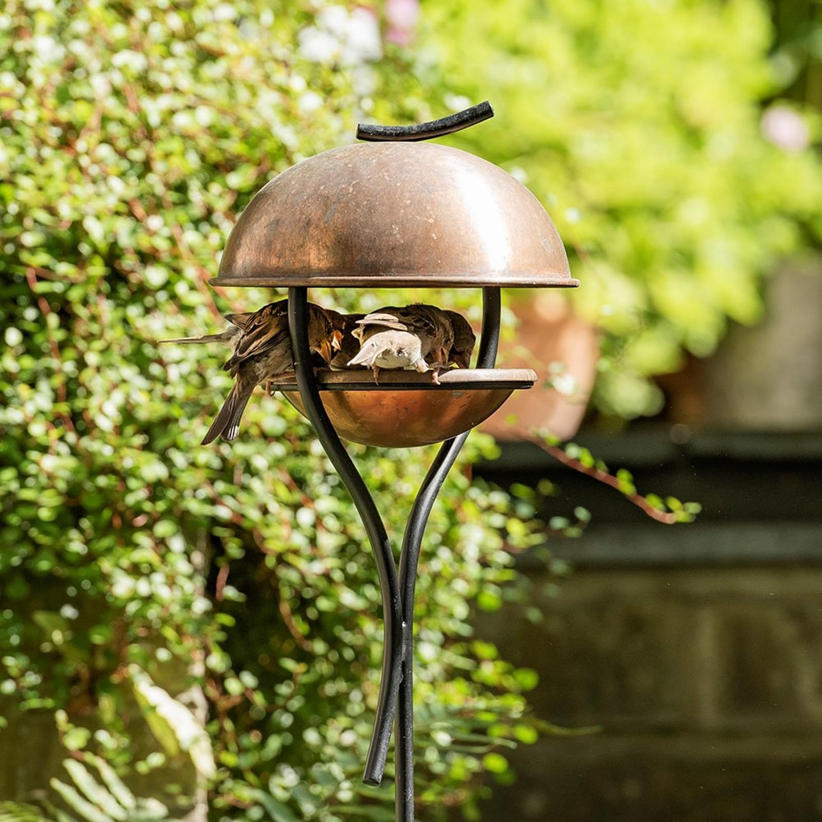 Crocus Collection 112cm Wild Bird Feeder Pole Stand Freestanding Stake Brushed Copper Sheltered Dome