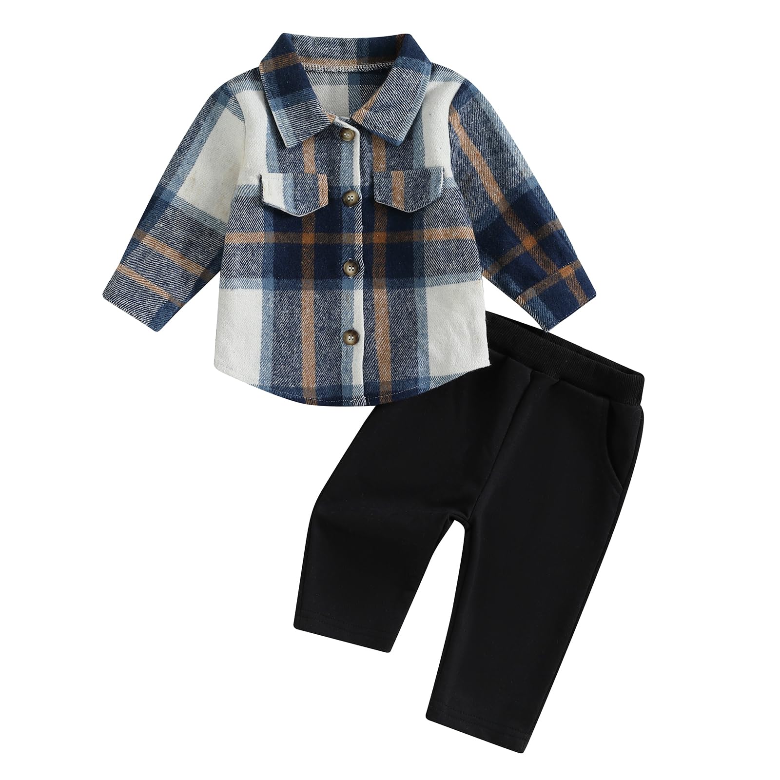 Toddler Boys Fall Outfits Plaid Flannel Baby Boy Jacket Button Down Shirts Pants 2Pcs Festival Clothes Set (Blue, 18-24 Months)