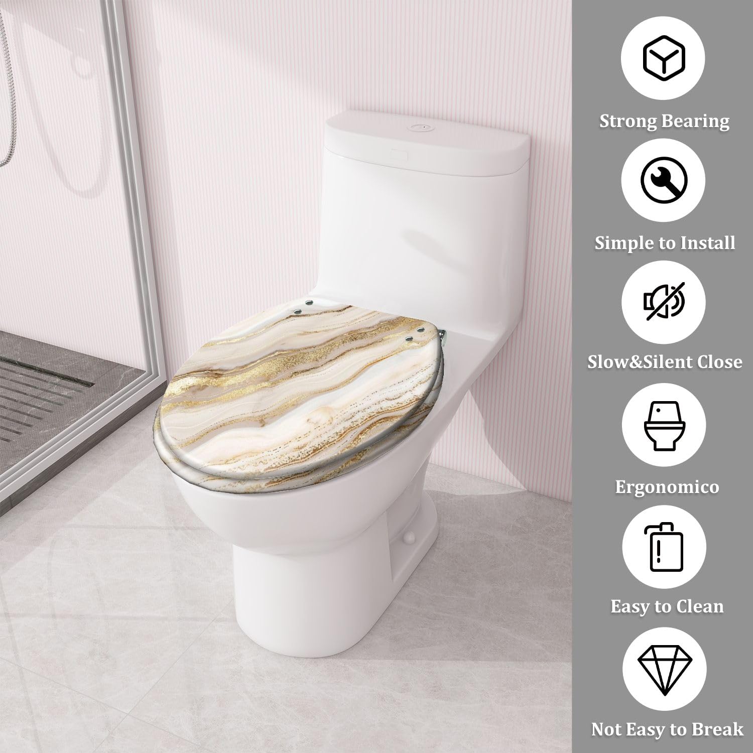 Asiento de inodoro redondo genérico de resina con bisagras y tapa para baño