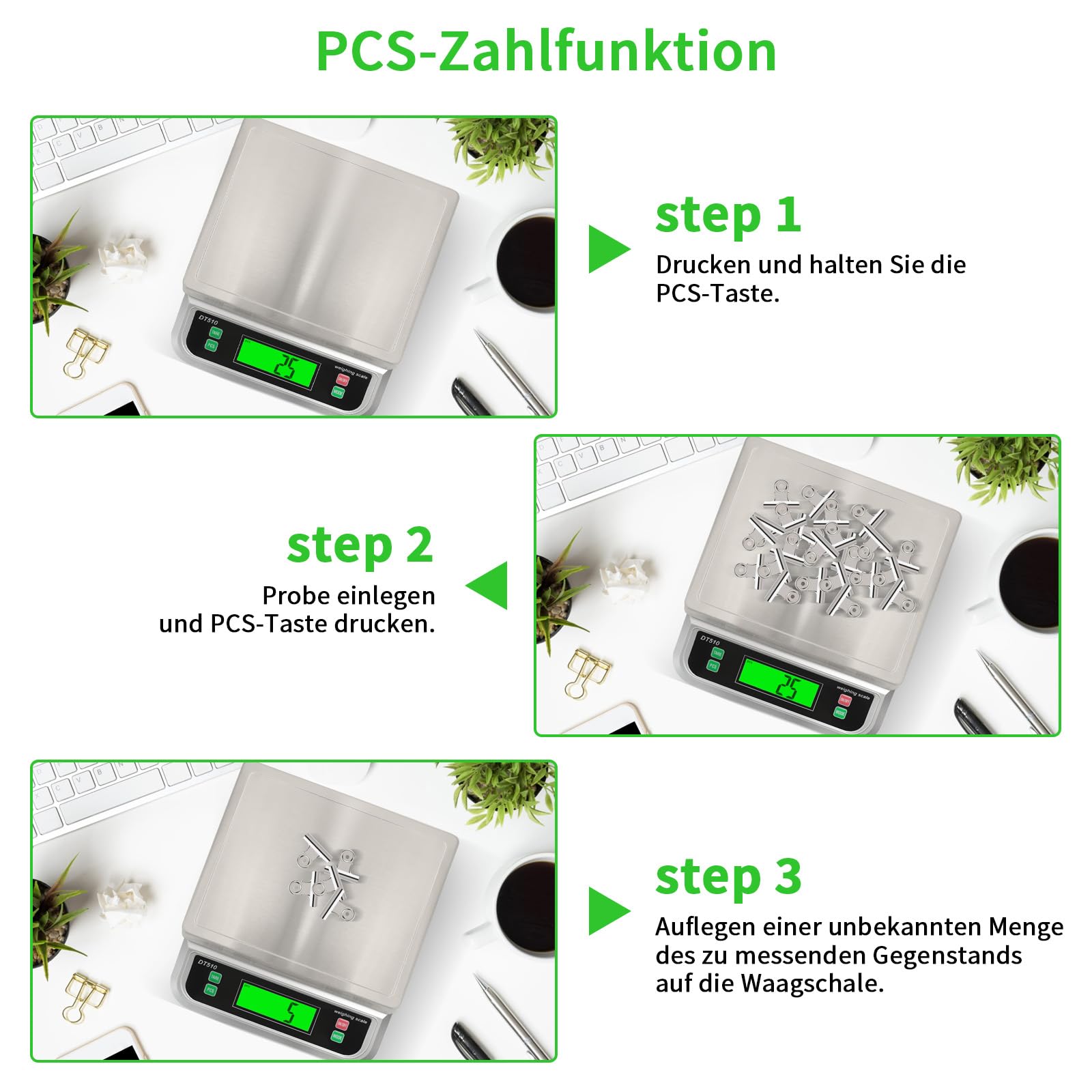 Küchenwaage Digital, 40KG Küchenwaage mit PCS zählen und Tara Funktion Küchen waage mit 6 Maßeinheiten g/kg/lb/oz/ml/milk-ml und LCD Display Edelstahl Wiegefläche zum Backen und Kochen Silber