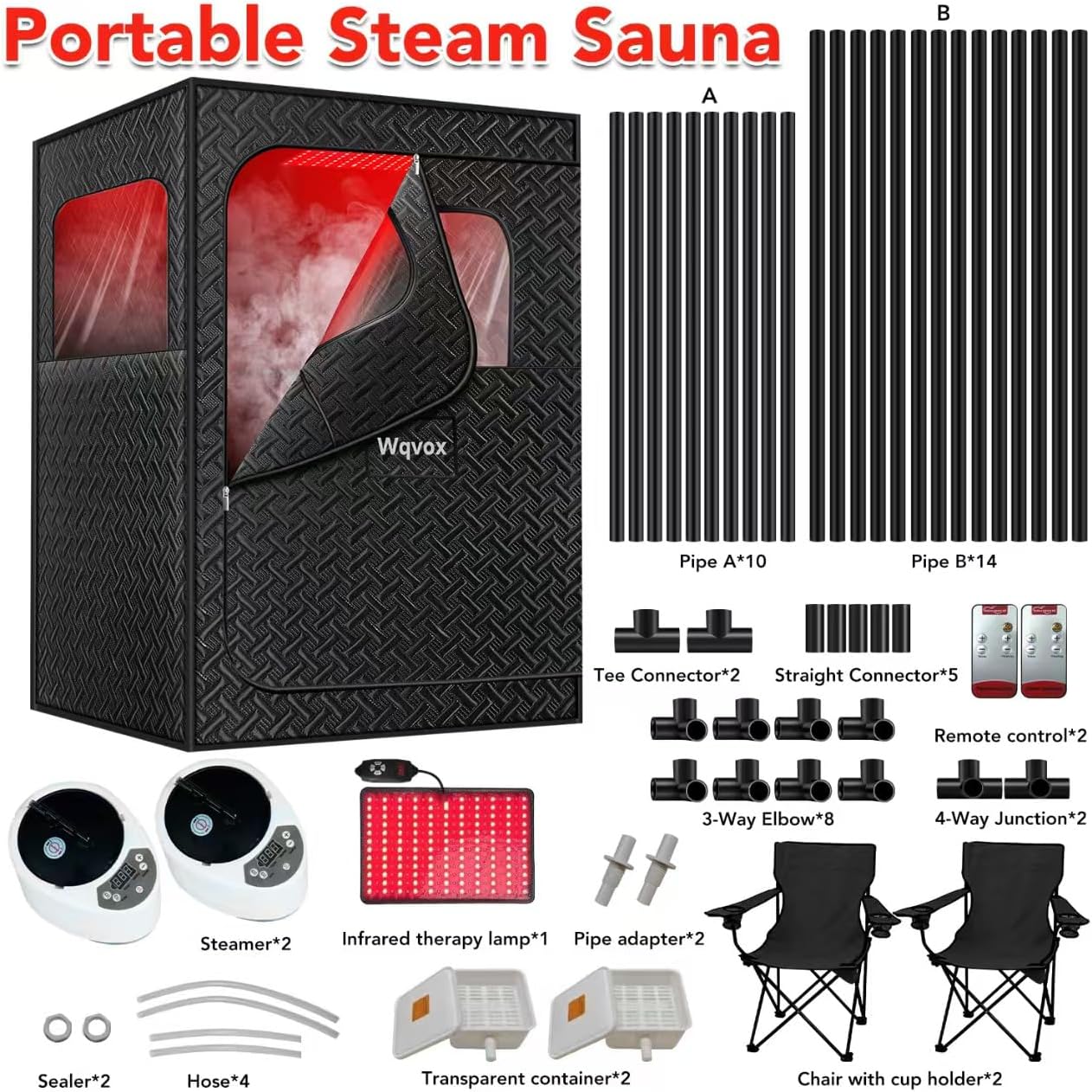 Double Infrared Steam Sauna, Portable Infrared Sauna, Enlarged Size and Two 3L Steamers, Two Upgrade Chairs, Infrared Sauna Room with 660 & 850nm Red Light Therapy, 72 "x 50" x 36 ", Black