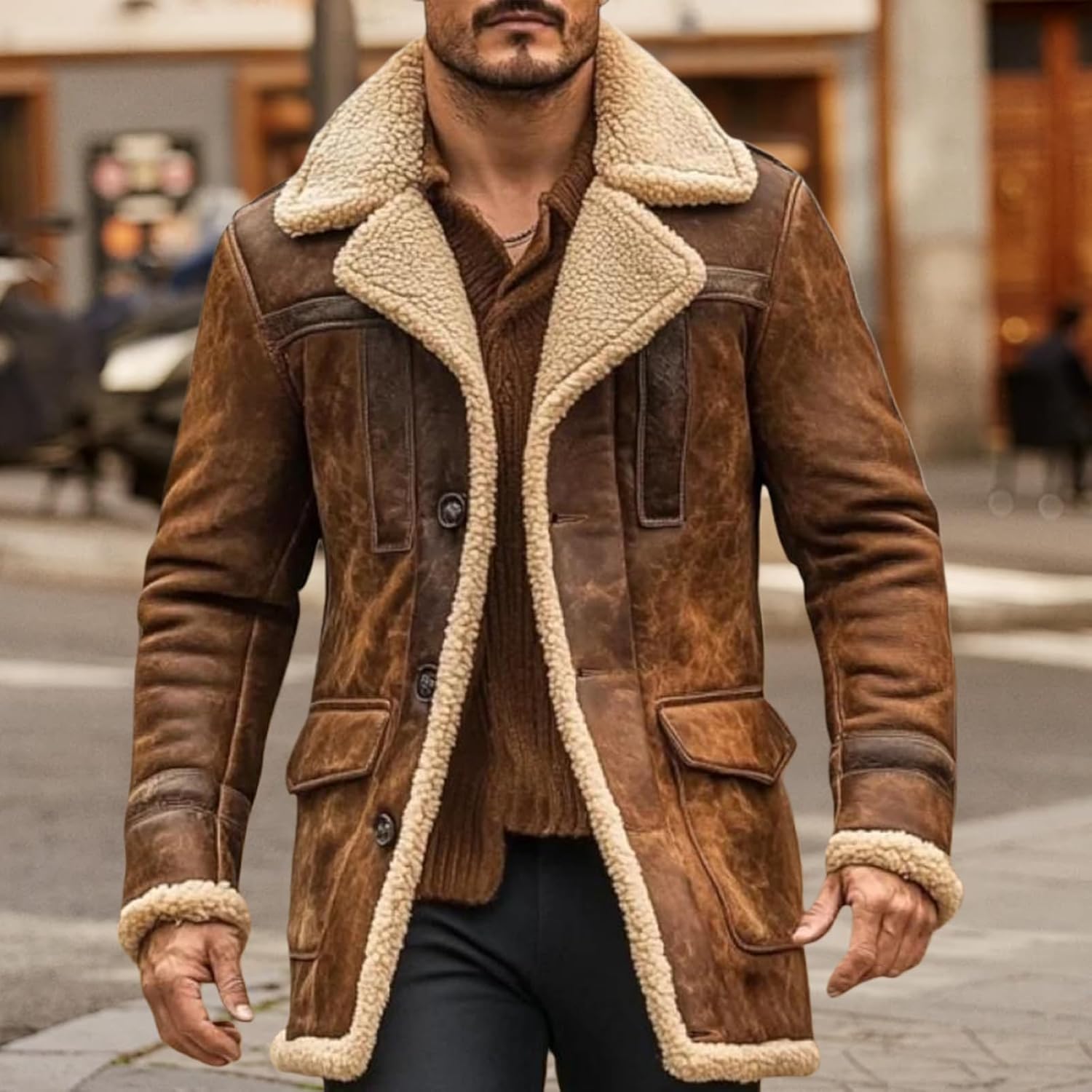 Men's Vintage Suede Leather Faux Fur Jacket Shearling Coat Winter Trench Coat Western Cowboy Motorcycle Thick Overcoat - Image 2
