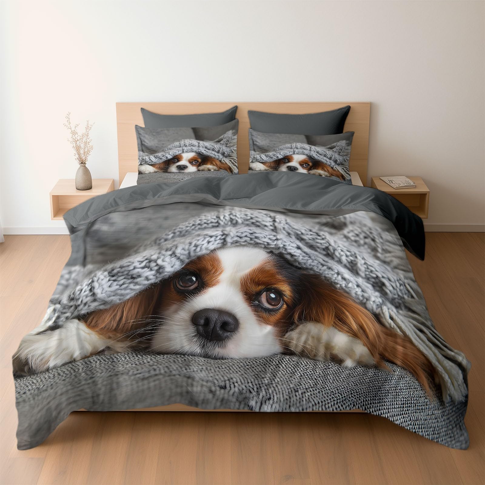 Duvet Cover Set Animals Dog Cavalier King Charles Beagle Design, Reversible Cot-bed Bedding 2 Pcs Ultra Soft Hypoallergenic Luxury, Quilt Cover with Zipper Closure, Slate Blue Grey
