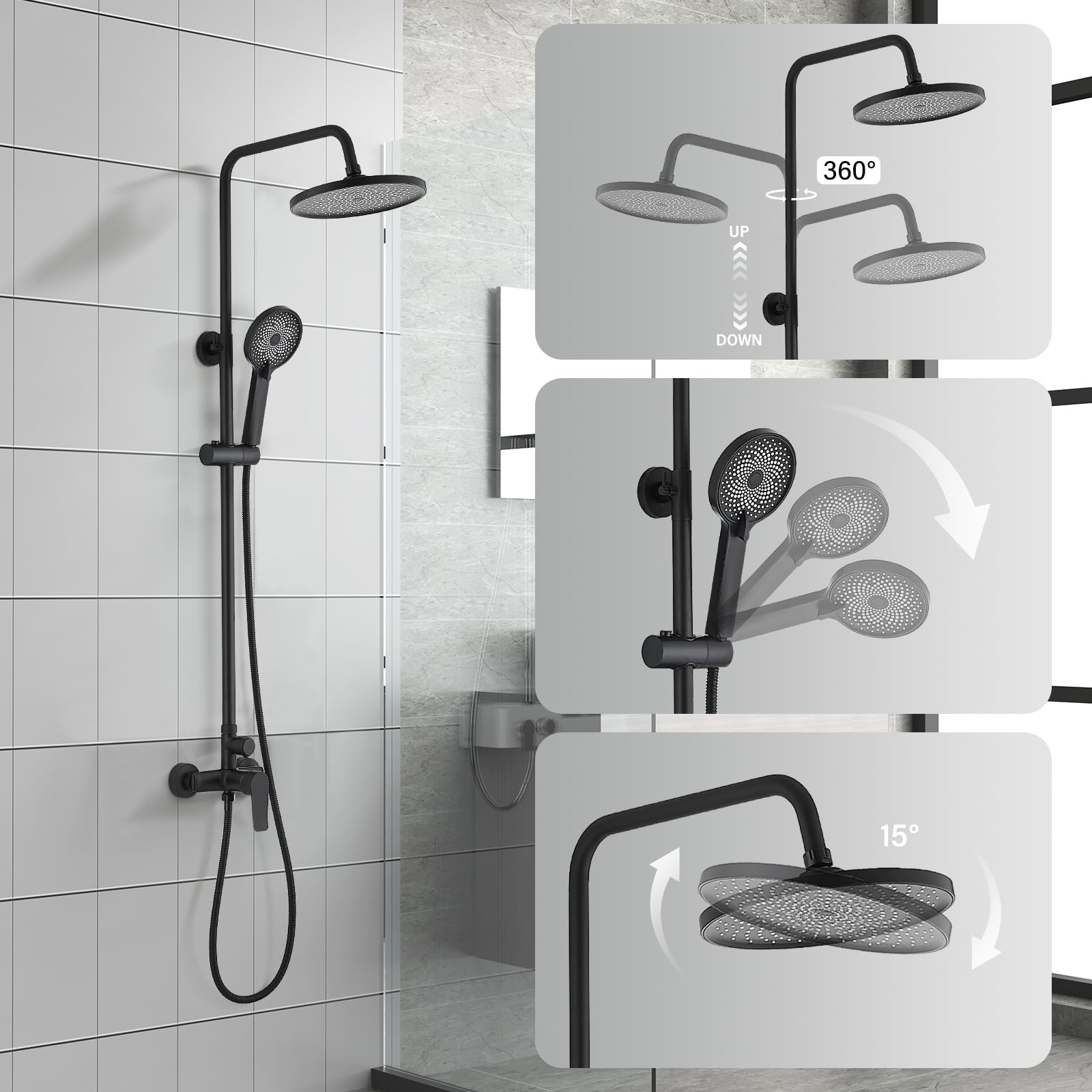 Columna de Ducha Mecánica STANEW, Conjunto de Ducha, Cuarto de Baño, Redondo Puño ABS con 3 Chorros, Mezclador Ajustable en Altura Sistema de Ducha