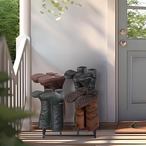 Miniatura 6 de Moderno estante de metal negro para almacenamiento de botas altas, organizador de botas de entrada independiente con 8 postes largos, capacidad para