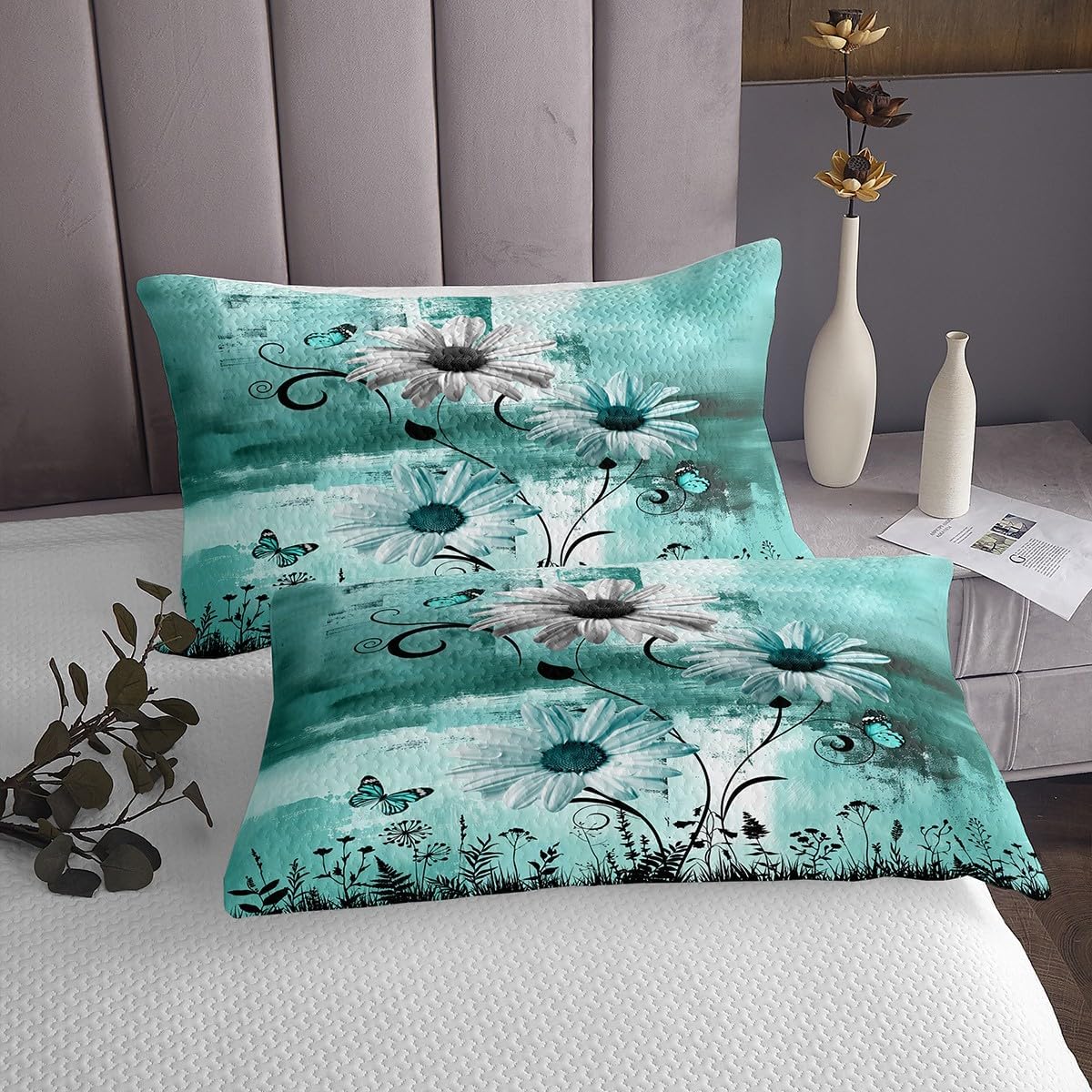 Rustic Floral Bedspread King Size for Adult Women,Farm Daisy Flowers Butterfly Country Quilt Set with 2 Pillowcases,Purple Abstract Art Graffiti Decor Bedding Quilted,Breathable