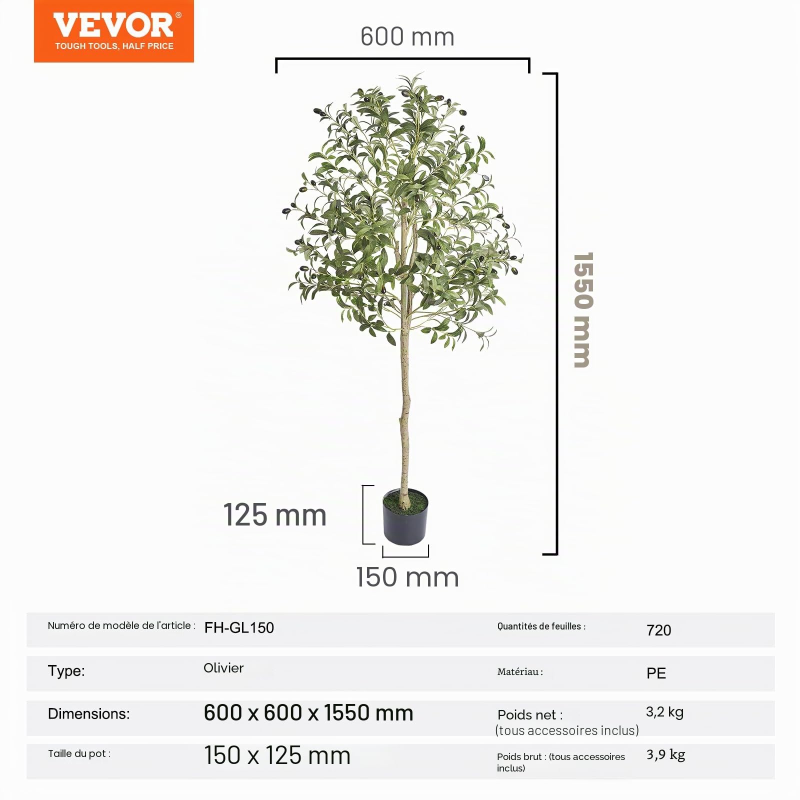 VEVOR Faux Arbre 155 cm Vert Plante Artificielle PE Haut Olivier avec Pot 150x125 mm