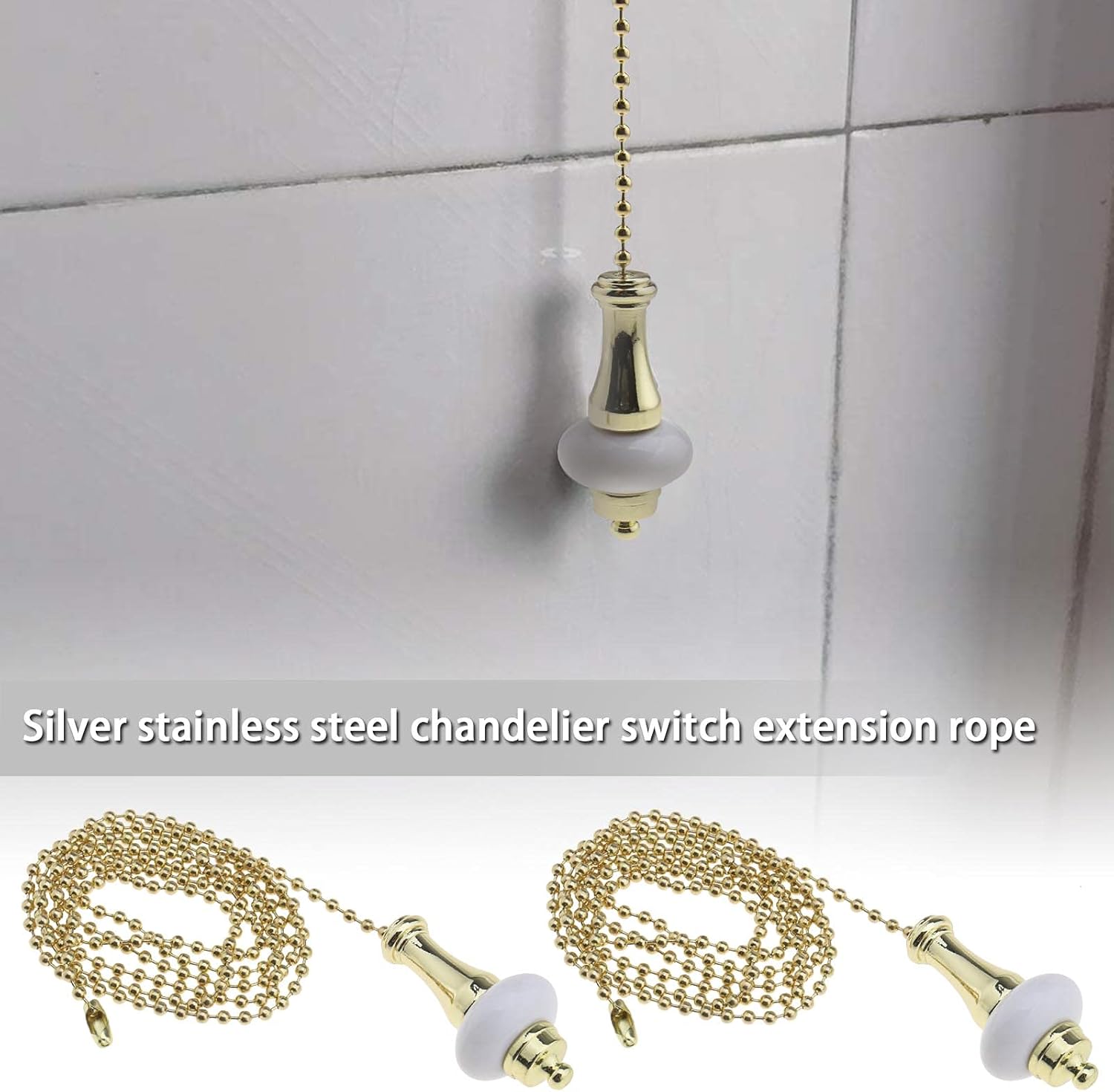Create idea 2pcs Ceiling Light Fan Switch Pull Cord Weight Handle Chain Extension Beaded Stainless Steel Ceramic Gold 1m