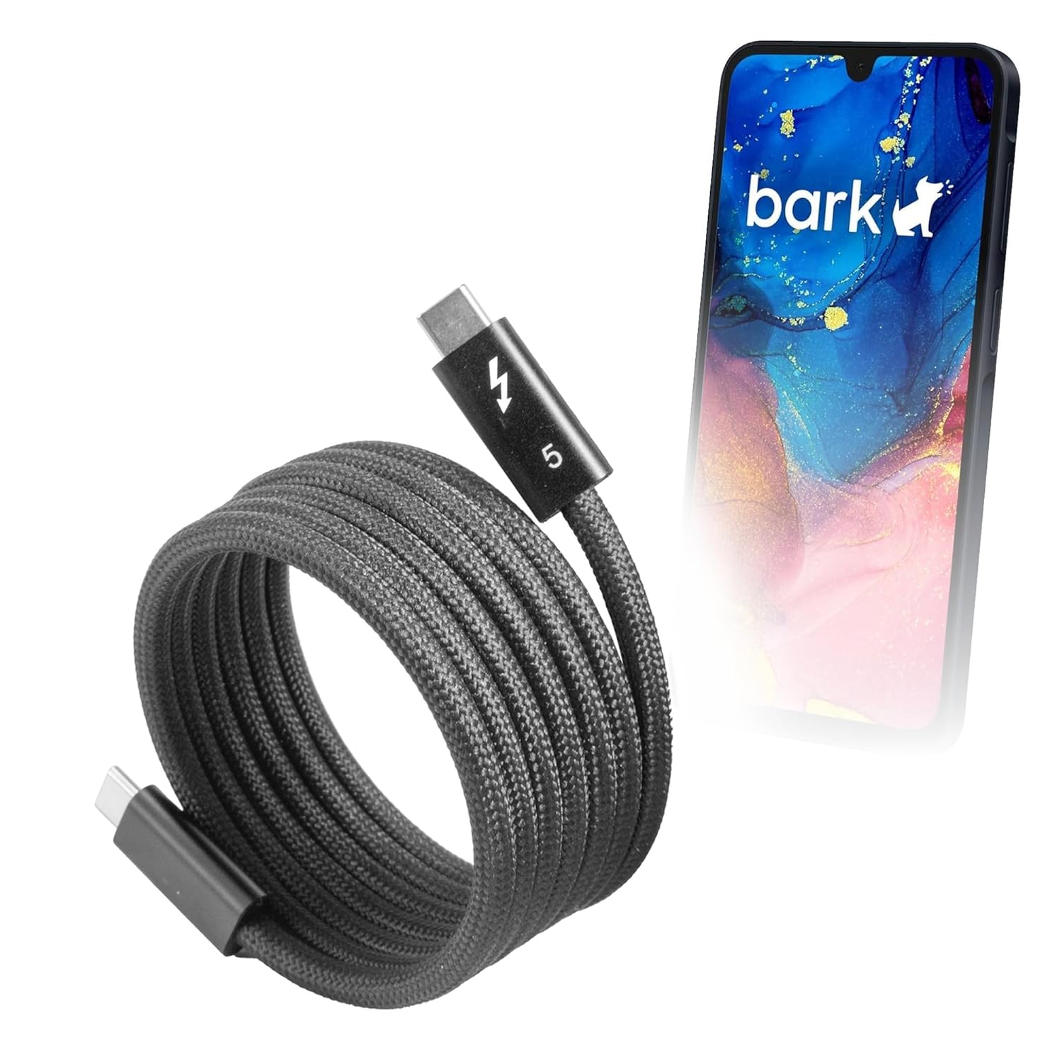 BoxWave Cable Compatible with Bark Phone A16 (6.7) - SnapWrap Thunderbolt 5.0 Cable (5ft 240W), Magnetic Self-Coiling Nylon Braided Retractable - Jet Black