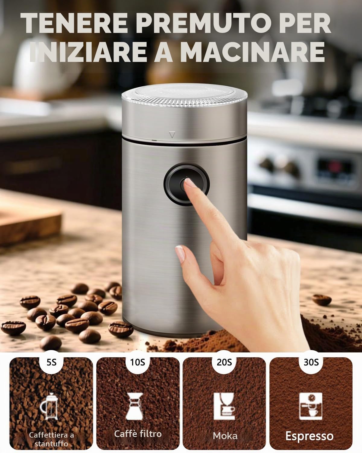 Macinacaffè Elettrico in Acciaio Inossidabile, 150W 22000 RPM Ad Alta Velocità, Capienza 50g, Macinino Compatto per Caffè, Noci, Spezie, Zucchero (9.7x9.7x17.8cm)
