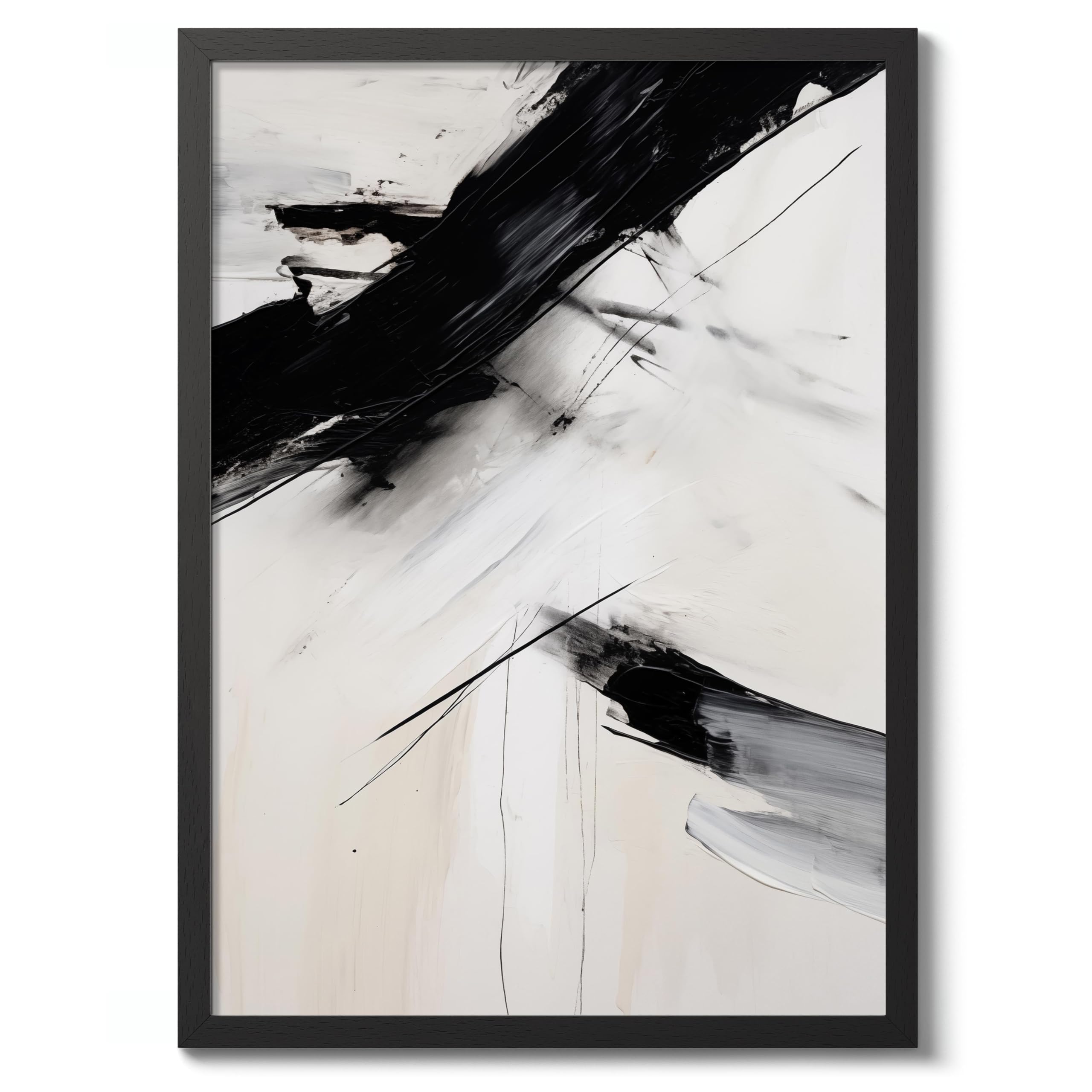 Black Strokes Black And White Abstract Poster, Geometric Minimalist Wall Art Print, Boho Home Decor Modern Living Room Artwork, Archival Matte, A2 (Black Frame) - 59.4x42cm โ image 1
