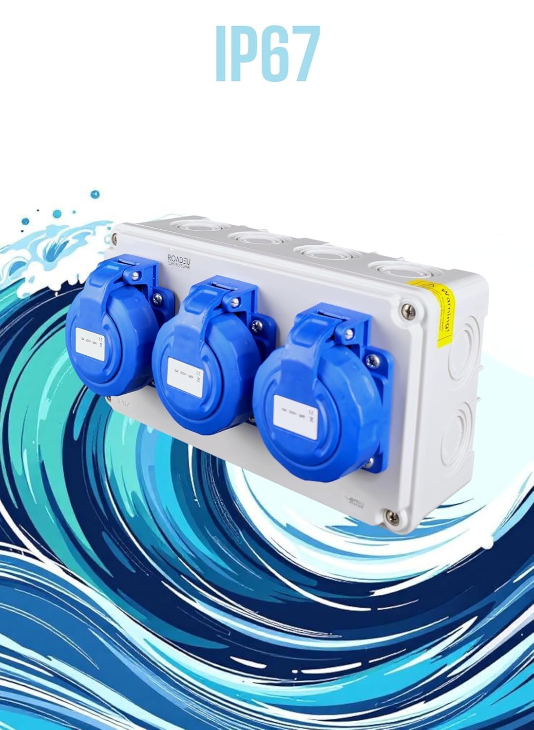 RoadEu Caja de Distribución IP67 con 3 Tomas 230V 16A, Cuadro Eléctrico Exterior Impermeable Precableado para Jardín, Taller y Obra