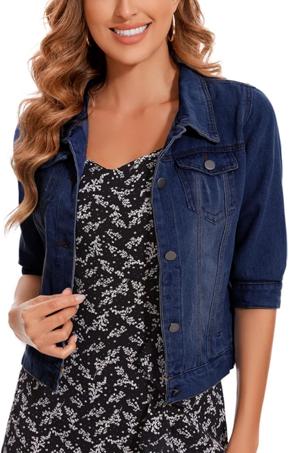 MINTLIMIT Women's Cropped Denim Jacket 2025 Lapel Jean Coat Button Trendy 3/4 Sleeve Stretch Short Plus Size Denim Jacket