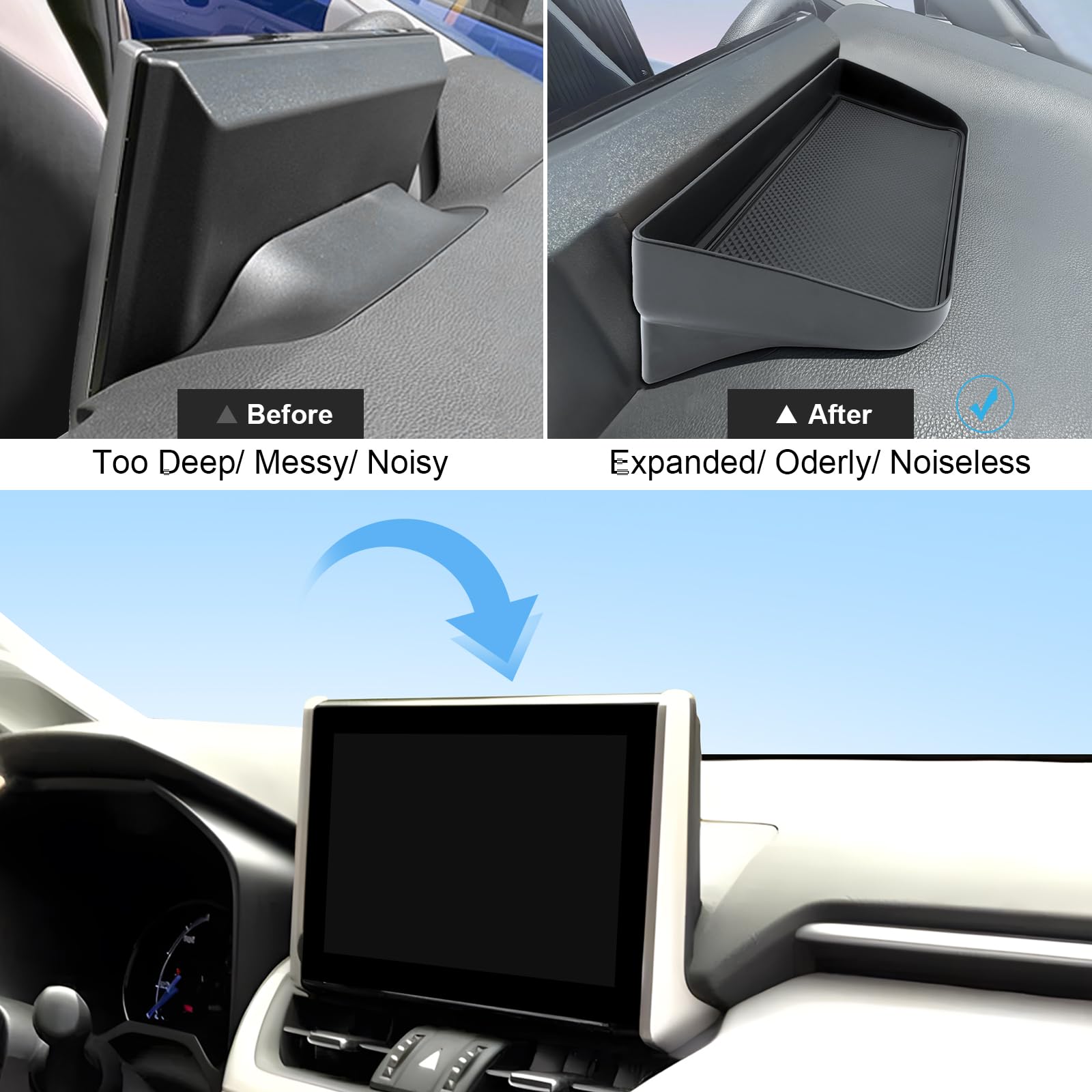 Boîte de Rangement pour Tableau de Bord Central Compatible avec Toyota RAV4 2019-2025, Organisateur de Console Centrale, Toyota RAV4 Plateau Rangement de Console avec Tapis Noir