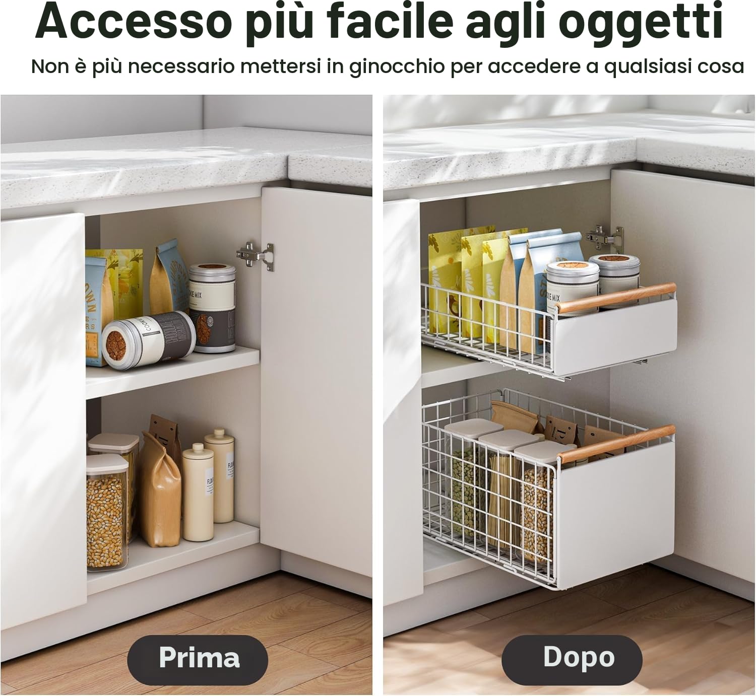 2 cassetti telescopici da cucina, cassetti estraibili, organizer per cassetti più profondi, con guide per e manico in legno, per mobili da cucina, senza fori (bianco)