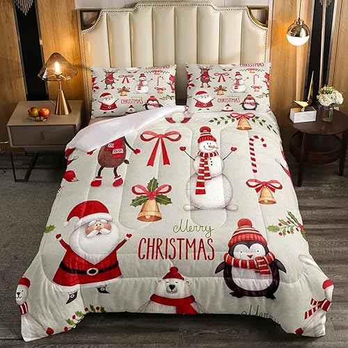 Erosebridal Juego de edredón de Feliz Navidad, juego de ropa de cama de Papá Noel para niños, tamaño King, lindo edredón de plumón de pingüino de