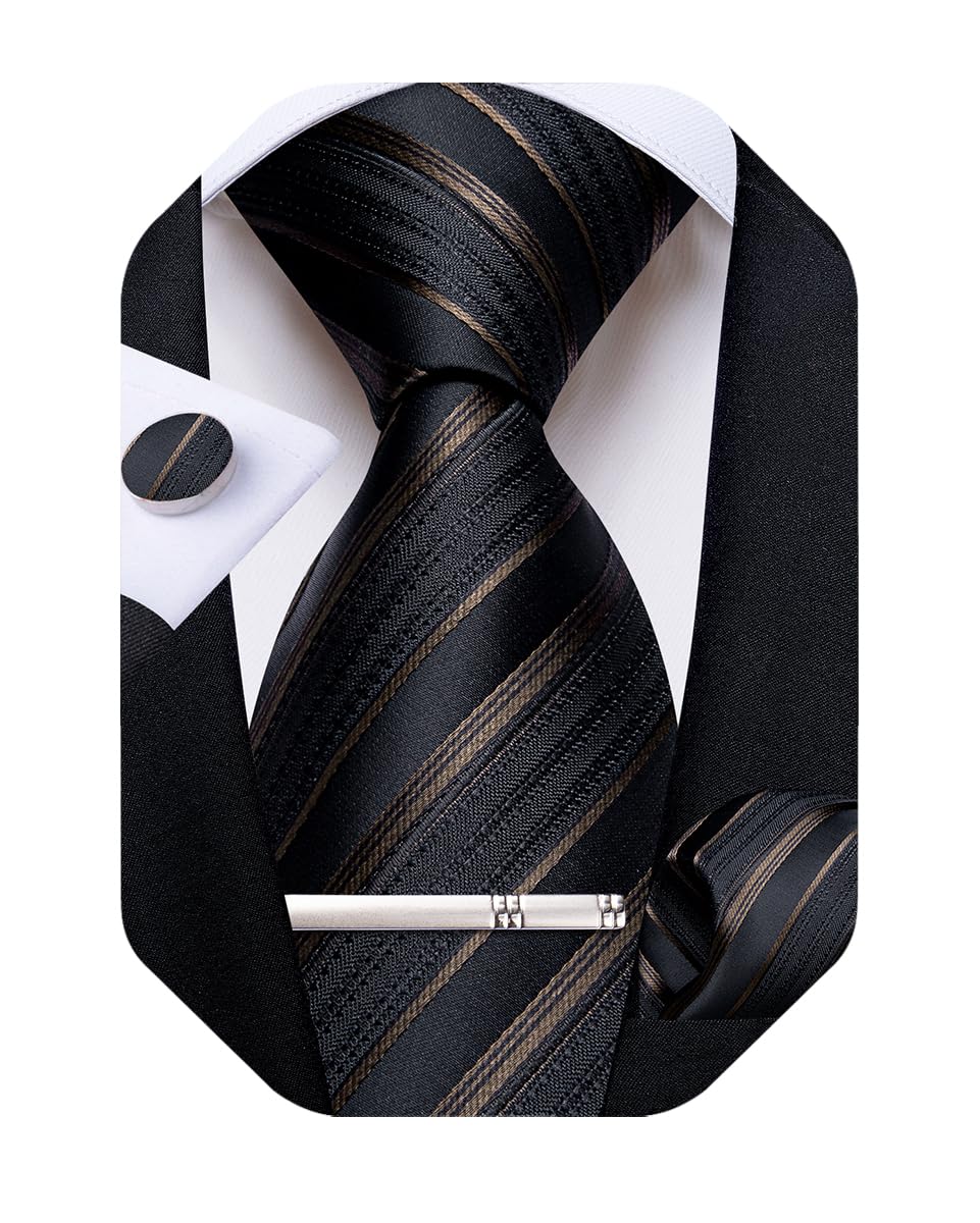 DiBanGu Mens Striped Tie Silk Woven Necktie and Pocket Square Cufflinks Tie Clip Set Wedding Business Formal Gift Tie for Men