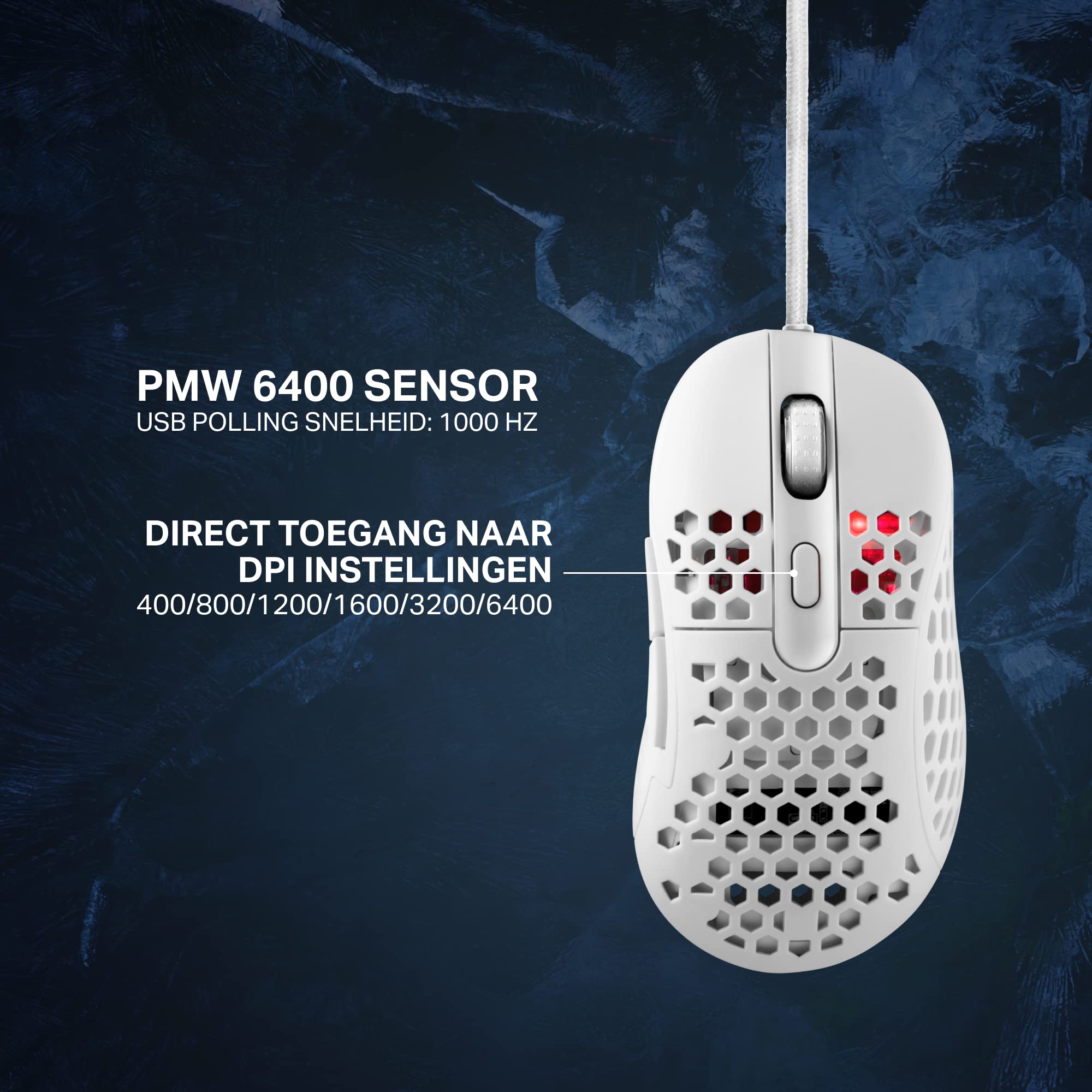 Deltaco Gaming White Line WM85 Lekka Przewodowa myszka do gier - 6400 DPI, 1000 Hz i 220 IPS - Biały