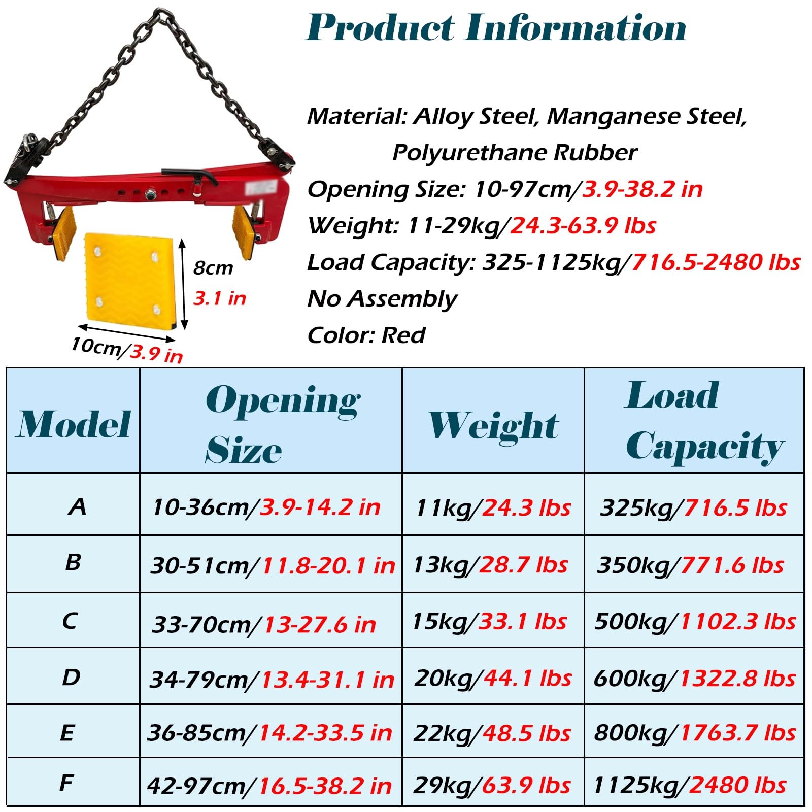 Red Lifting Clamps Adjustable Opening Size, Stone Lifting Clamps with Rubber Non-Slip Chuck, Plate Vertical Clamp for Factory/Mines/Highway/Bridges(Opening Size (16.5-38.2 in))