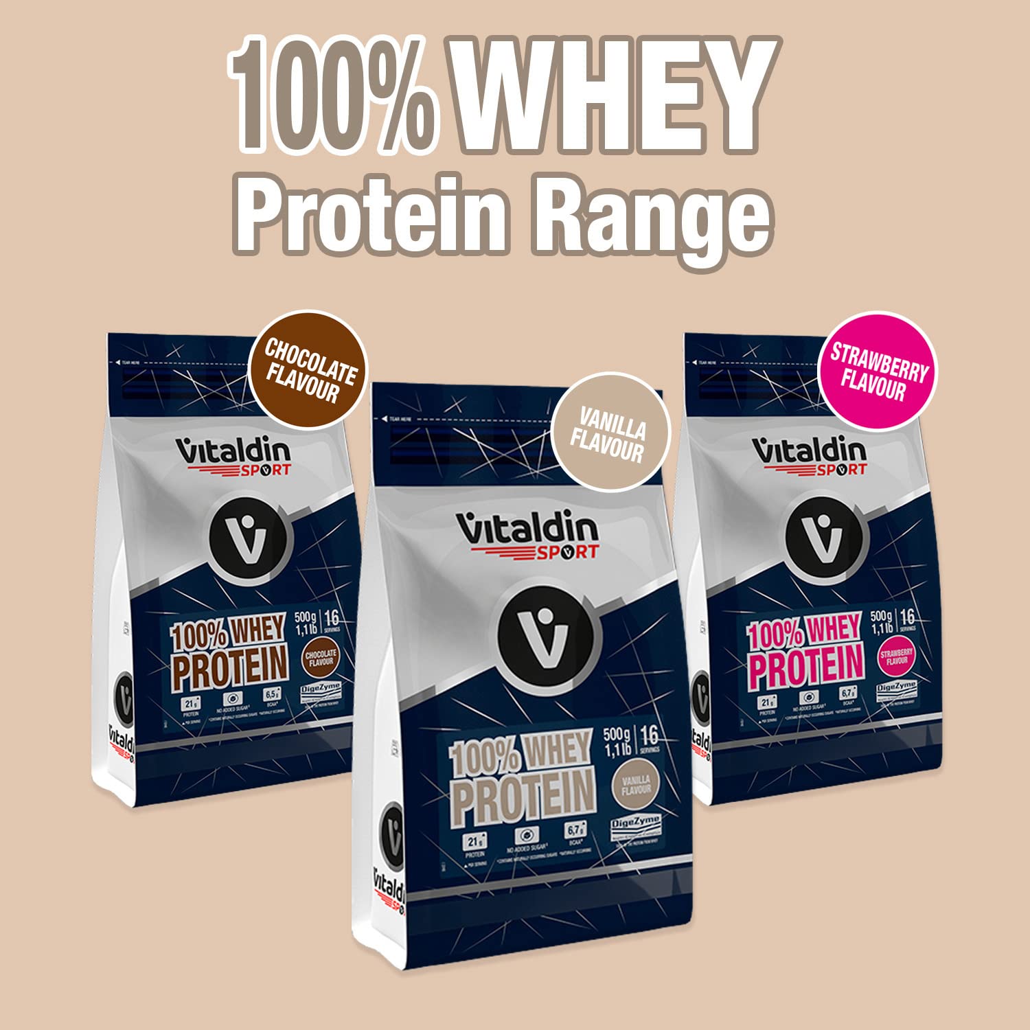 VITALDIN SPORT 100% Whey Protein Vanilla 500 g – 100% białko serwatkowe w proszku z Digezyme – budowa mięśni i regeneracja – smak waniliowy – 6,7 g BCAA na porcję – bez dodatku cukru