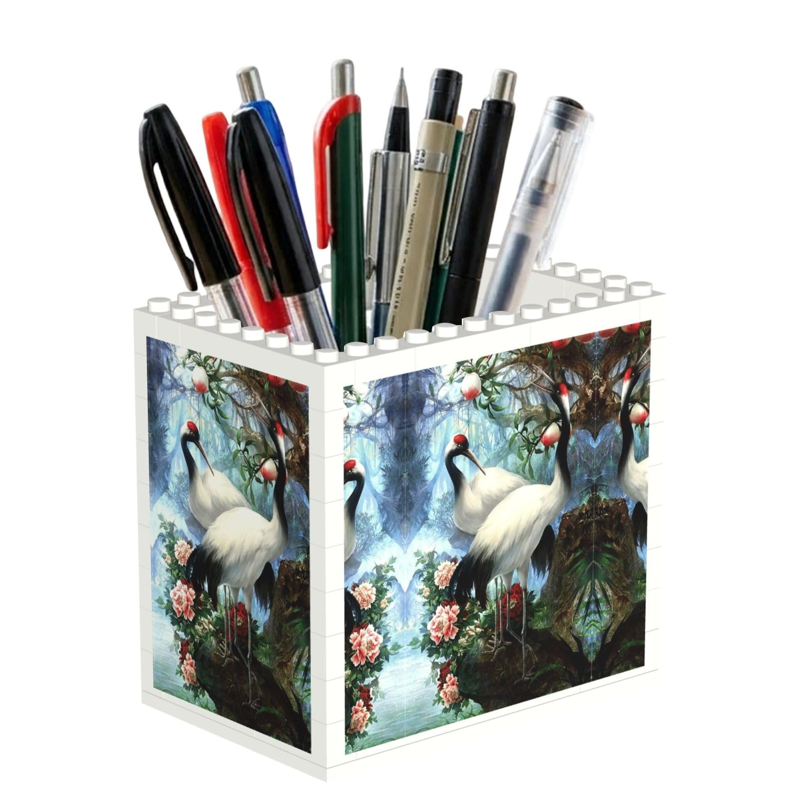 SATUSA Chinese Crane Birds Peach Tree Print Building Block Texture Pen Holder - Pencil Holder For Desk Pen Organizer,Aesthetic Desk Accessories For Women(1pcs)