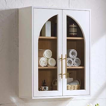 Bathroom Wall Cabinet,23.5 Wide Medicine Cabinet, Bathroom Cabinet Wall Mount W/Glass Doors & Adjustable Shelves, Over The Toilet Storage Cabinet for Laundry Room, Bedroom,Kitchen,White,1 Piece