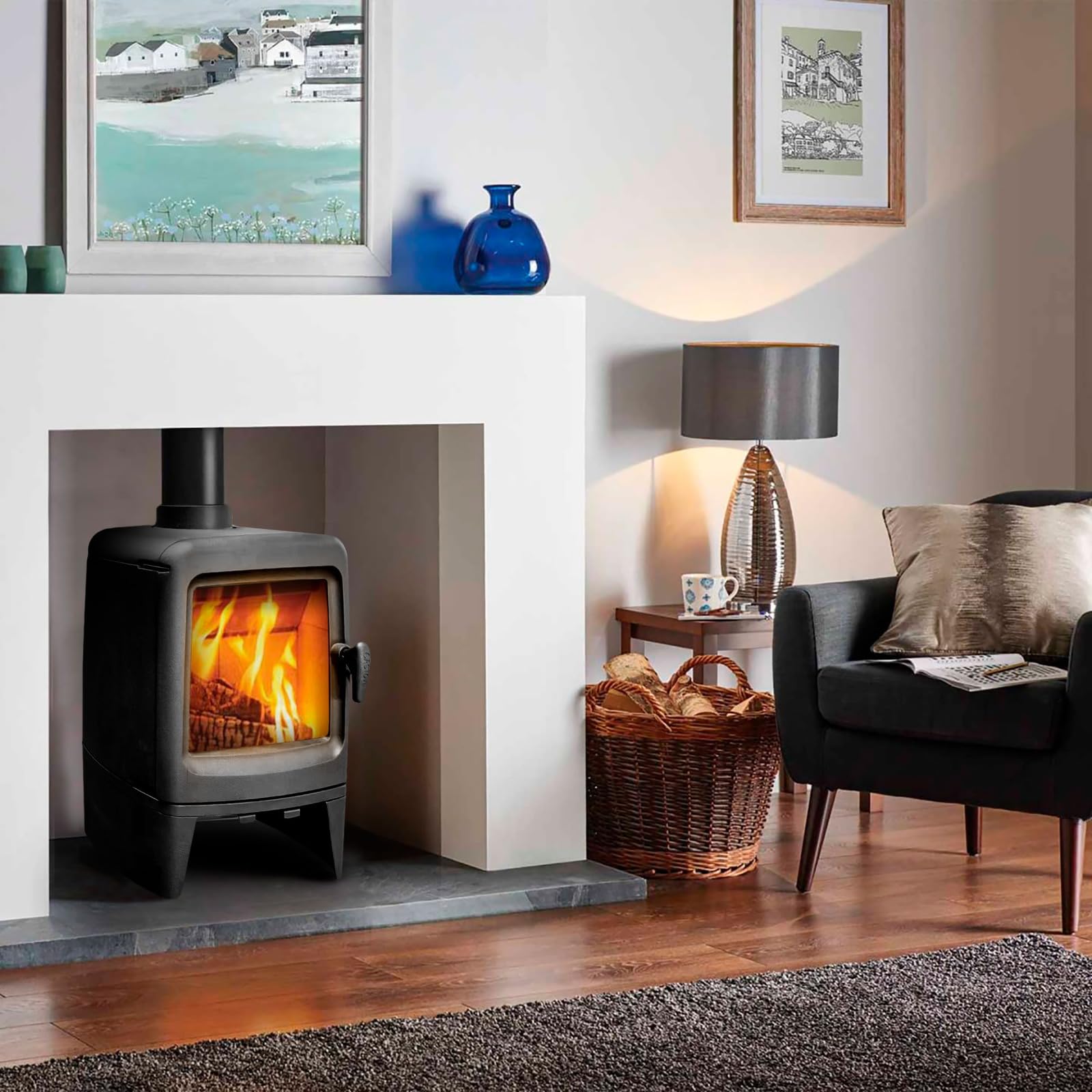 Poêle à bois en fonte INA 5 kW | Design moderne, triple combustion, verre céramique 750°, 100 m³ chauffables | Haute efficacité 78,8% | Certifié 4 étoiles