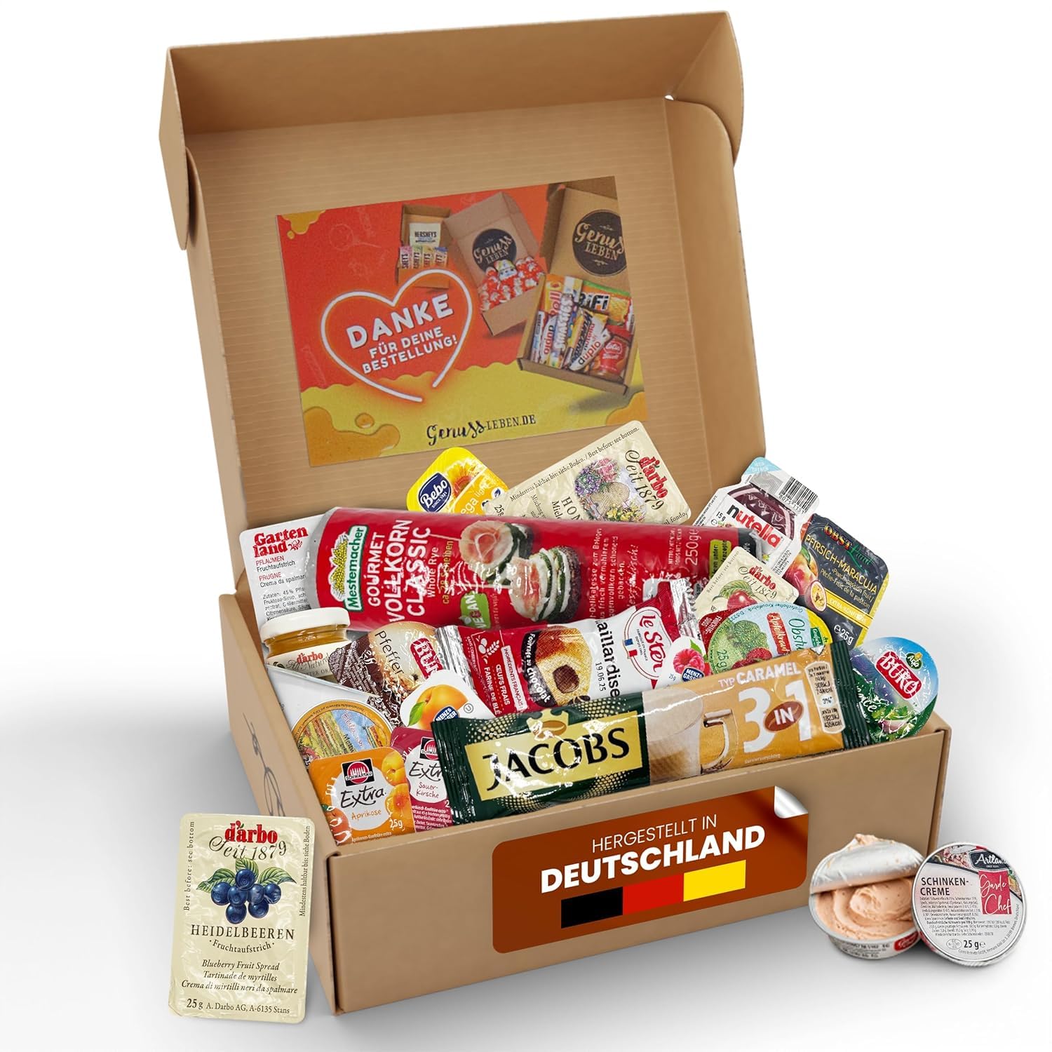 Genussleben® All In One 800g Frühstücksbox mit Brot, Kaffee, Marmelade, Honig, Kuchen, Wurst und Frischkäse - 𝐌𝐢𝐭 𝐒𝐜𝐡𝐮𝐭𝐳𝐯𝐞𝐫𝐩𝐚𝐜𝐤𝐮𝐧𝐠 - 𝐢𝐝𝐞𝐚𝐥 𝐚𝐥𝐬 𝐆𝐞𝐬𝐜𝐡𝐞𝐧𝐤