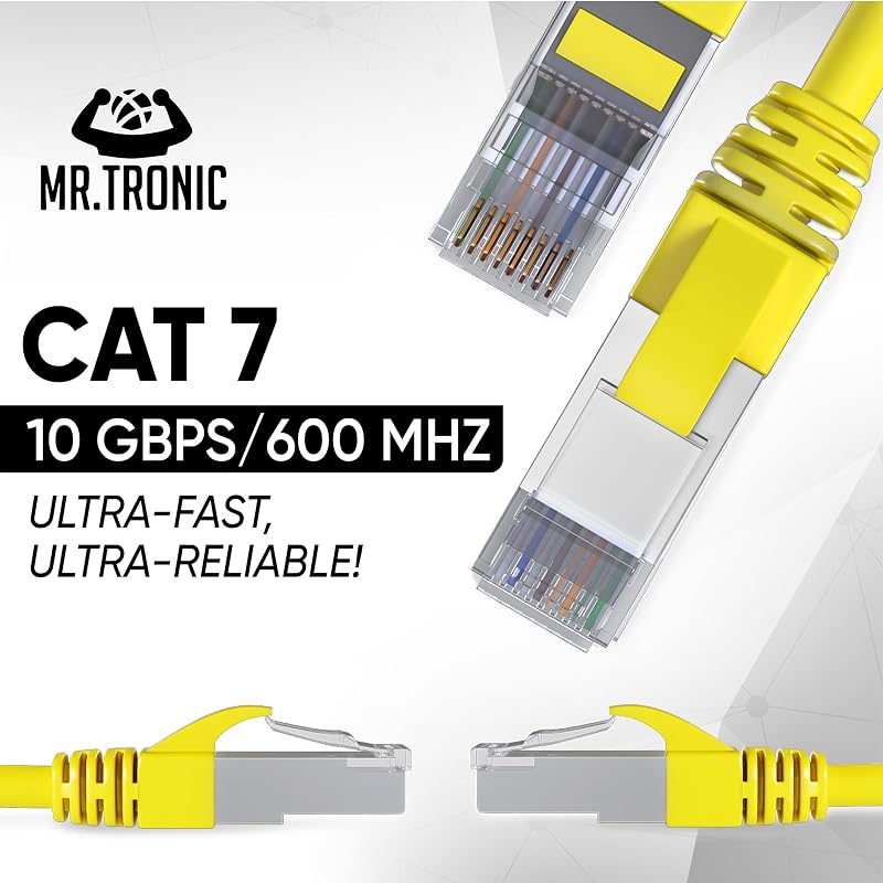 Mr. Tronic Cat 7 Ethernet Kábel 50m - Nagysebességű Hálózati Kábel RJ45 Csatlakozóval, SFTP Árnyékolt, 600MHz, Sárga, Kompatibilis PC, Xbox,