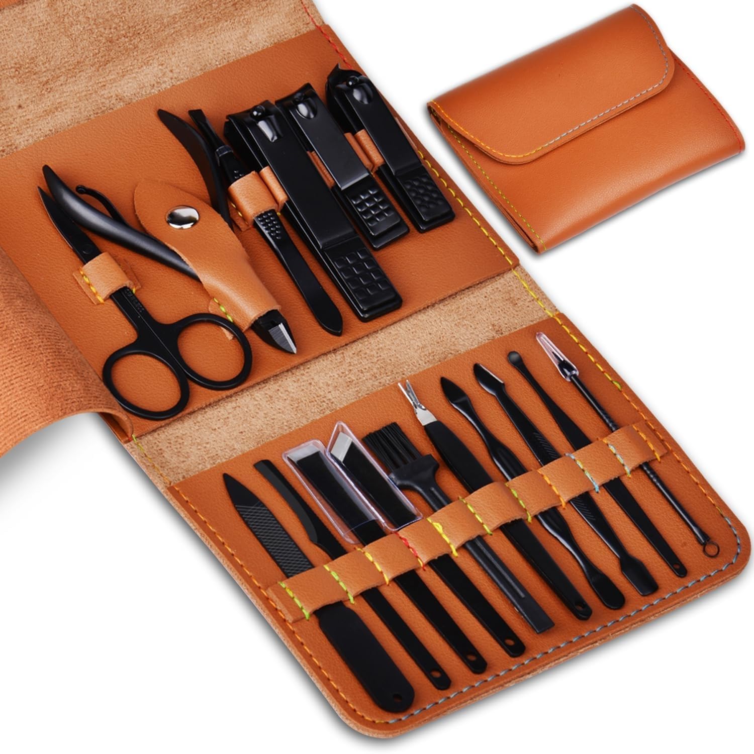 Feelhigh Manicure Set 16 in 1 Stainless Steel, Nail Clippers Scissors Pedicure Care Tools Kit - Portable Travel Grooming Kit for Men and Women with Brown Leather bag-image-14