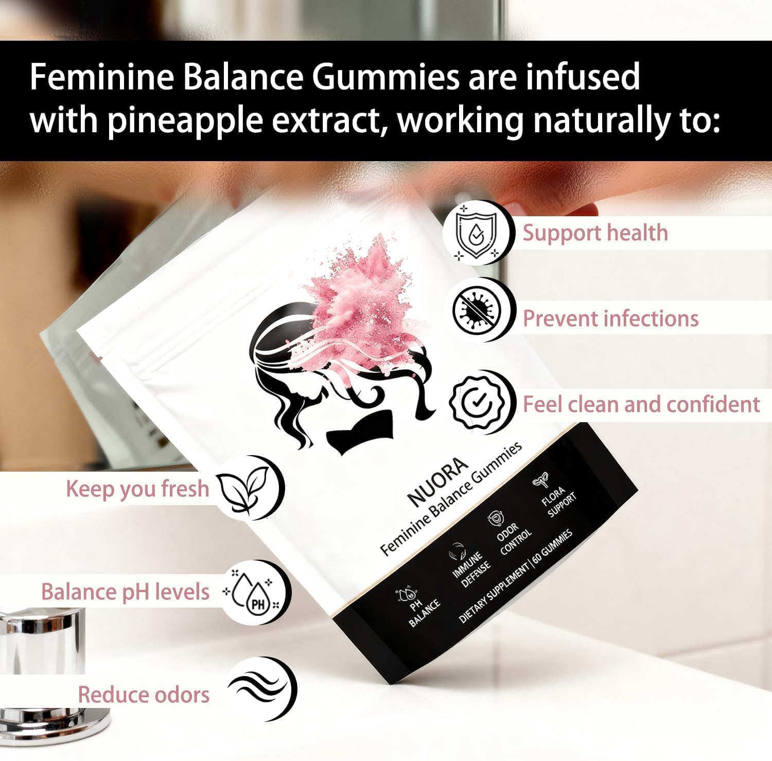 Feminine Balance Gummies, Vegan Hawaiian Pineapple, pH Balance, Healthy Odor, Flora and Immune Support, Vaginal Health Support, 60 Count - Image 2