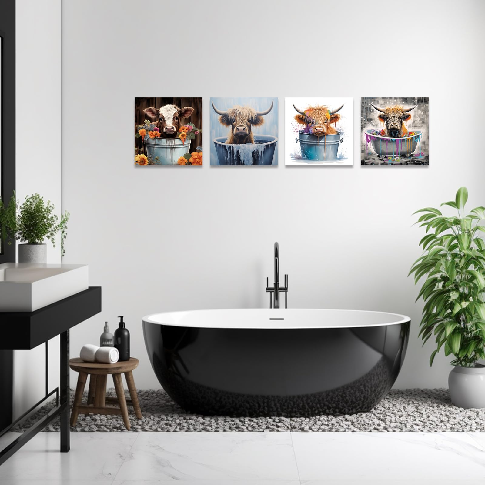 Poster Divertente Per Bagno - Mucca Scozzese Highland In Bianco E Nero A4