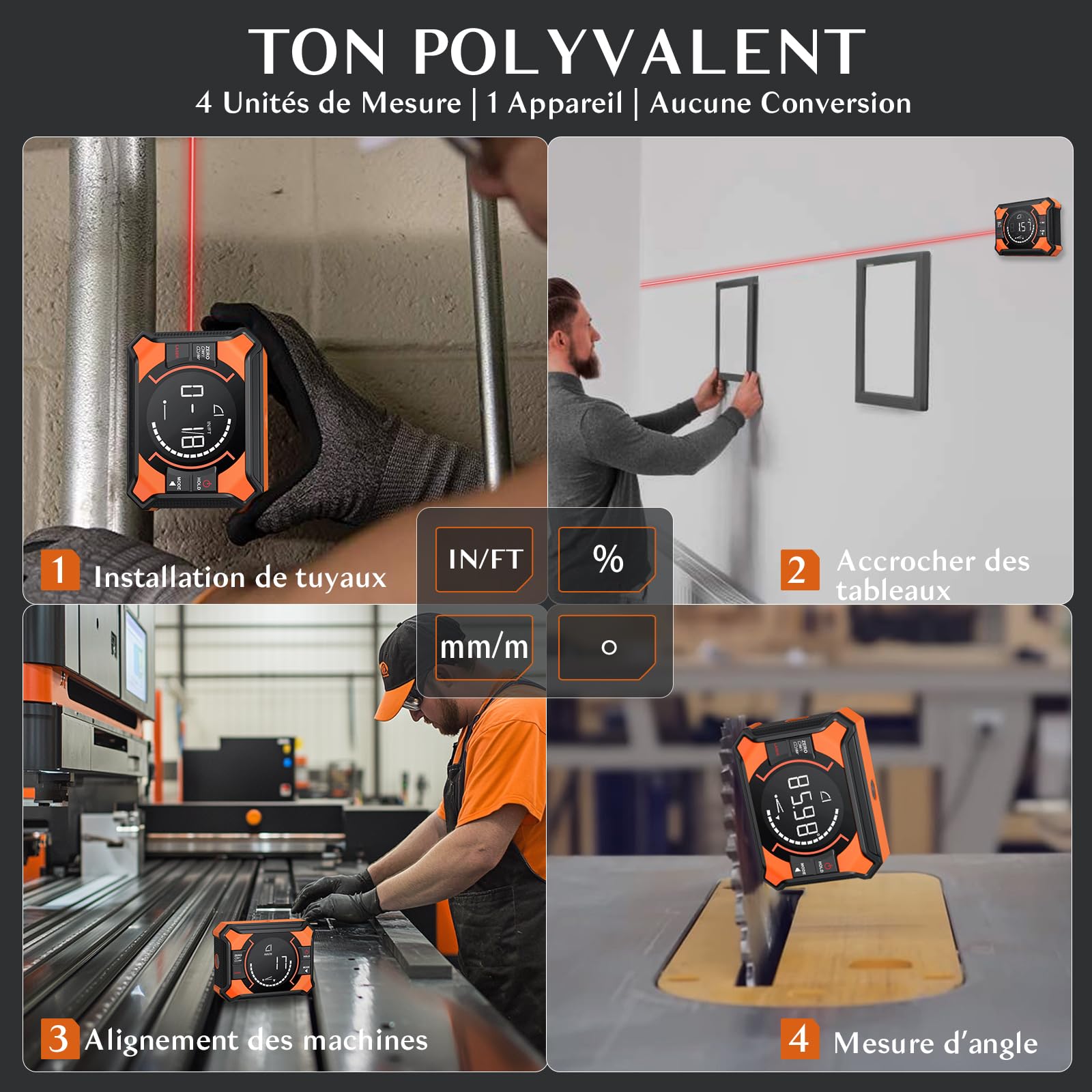 Inclinomètre Numérique Rechargeable 4 * 90° Et 2 * 180° Avec Fonction Laser Écran LCD Étanche IP54 Laser À Lignes Croisées avec Aspiration Magnétique Pour Menuiserie Chantier Et Décoration
