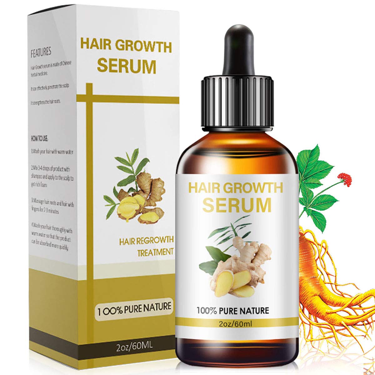 (60ML) Hair Growth Serum, Ginger Essential Oil to help Hair Loss and Hair Thinning , Stops Hair Loss, Thinning, Balding, Repairs Hair Follicles, Promotes Thicker -2 oz