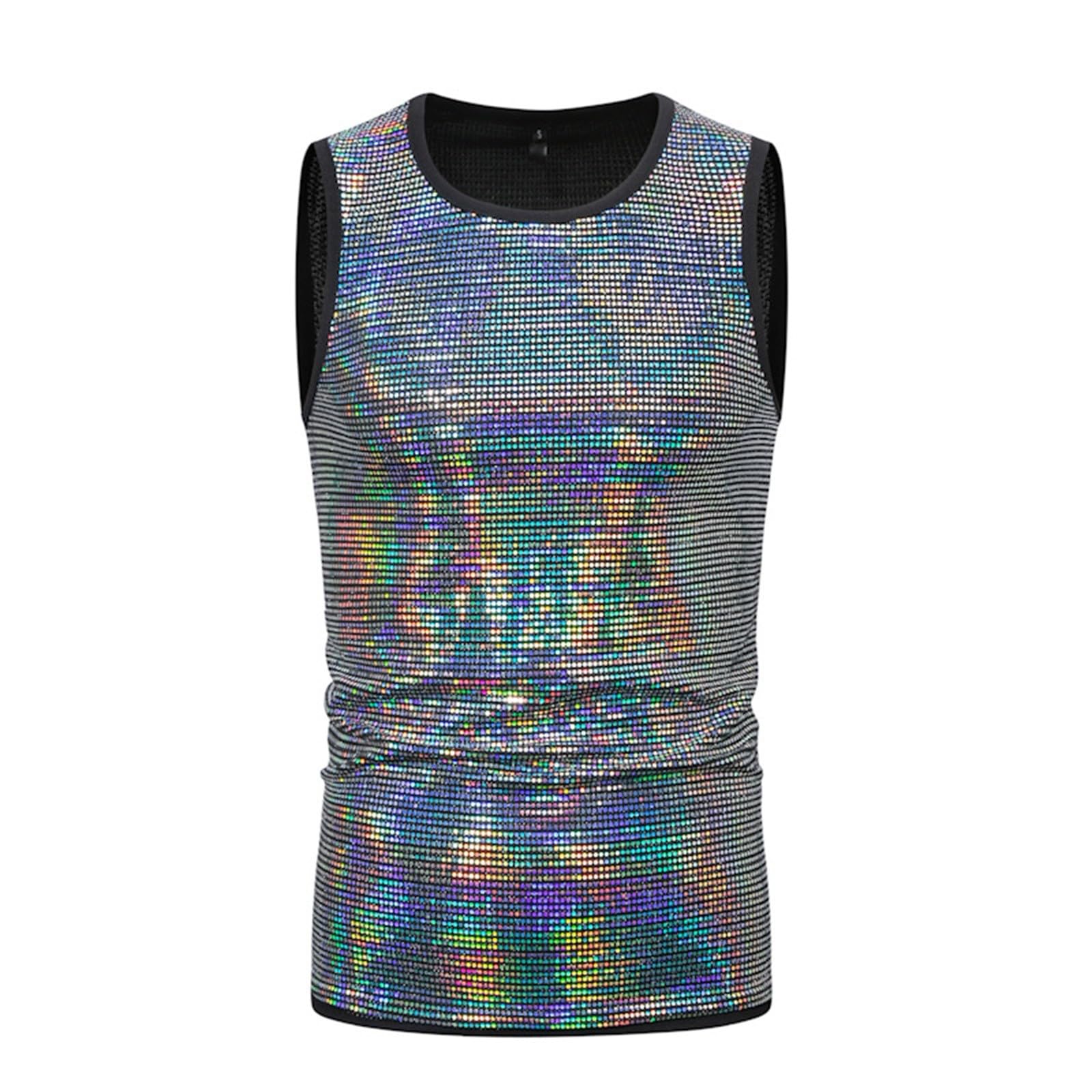 Herren-Tanktop mit Pailletten, glänzendes, metallisches ärmelloses T-Shirt, Rundhalsausschnitt, glitzernde Westen, Disco-Party, Pailletten-Westen, schmale Passform, Glitzer-Tanktops für Nachtclub,