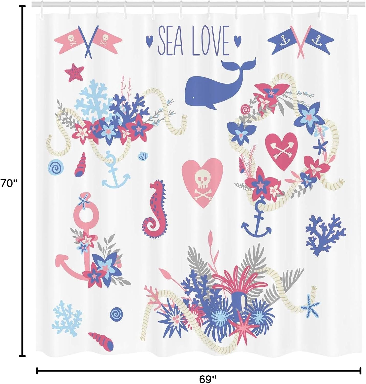 Ambesonne Nautical Shower Curtain, Summertime Ocean Flowers Bouquets Wreath Marine Love Pirates Theme, Cloth Fabric Bathroom Decor Set with Hooks, 69" W x 70" L, Dark Ceil