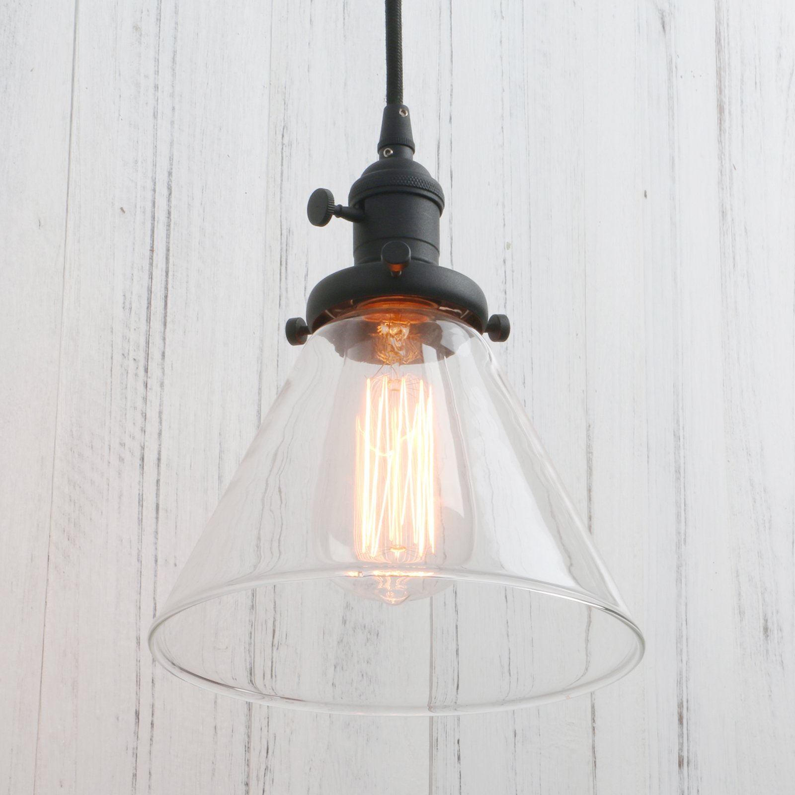 PERMO Industrial Pendant Light Matte Black Vintage Hanging Lights with Funnel Flared Glass Clear Glass Shade Farmhouse Hanging Pendant Light Fixture