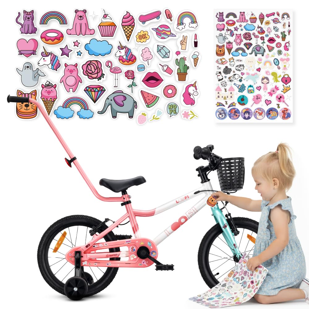 sun baby Bicicletta Bambini LOOFI 12 14 16 Pollici, Bambina e Bambino 2-6 Anni, Max 50 kg - Telaio leggero in alluminio, con rotelle, cestino, campanello, adesivi