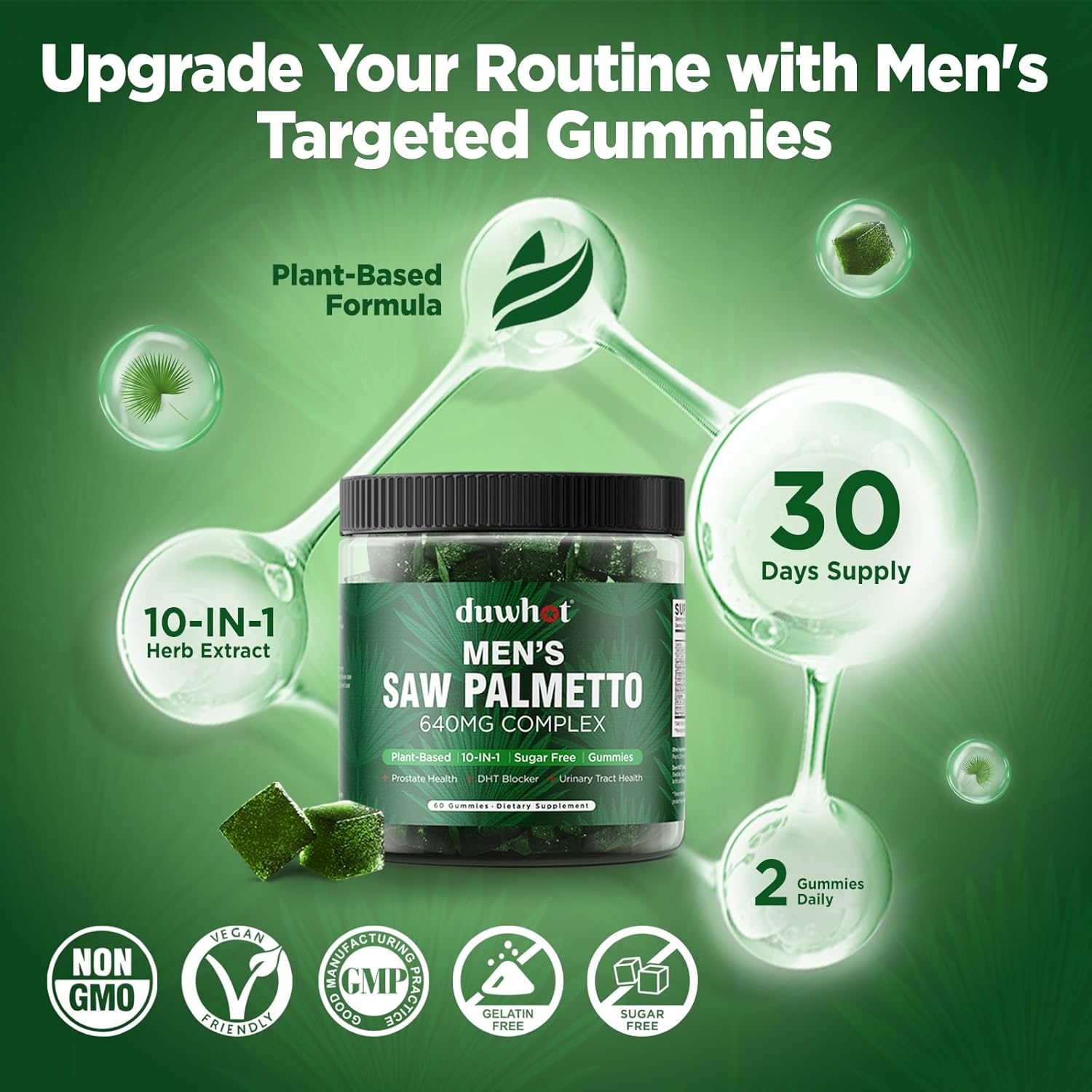 Saw Palmetto Gummies for Men, Organic Saw Palmetto with Pumpkin Seed Oil for Men Overall Health, Enhanced with Pygeum, Nettle, Sugar-Free, Vegan, 60 Chewables - Image 6