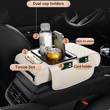 Car Armrest Storage Box: Universal Leather Car Armrest Cushion Center Console Cover with 2 Cup Holders Tissue Box and Phone Slot (Black)