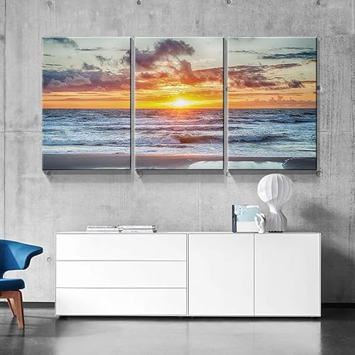Miniatura 27 de Denozer - Lienzo decorativo de 3 paneles para decoración del hogar, mar azul, puesta de sol, blanco, playa, pintura, impresión sobre lienzo, paisaje